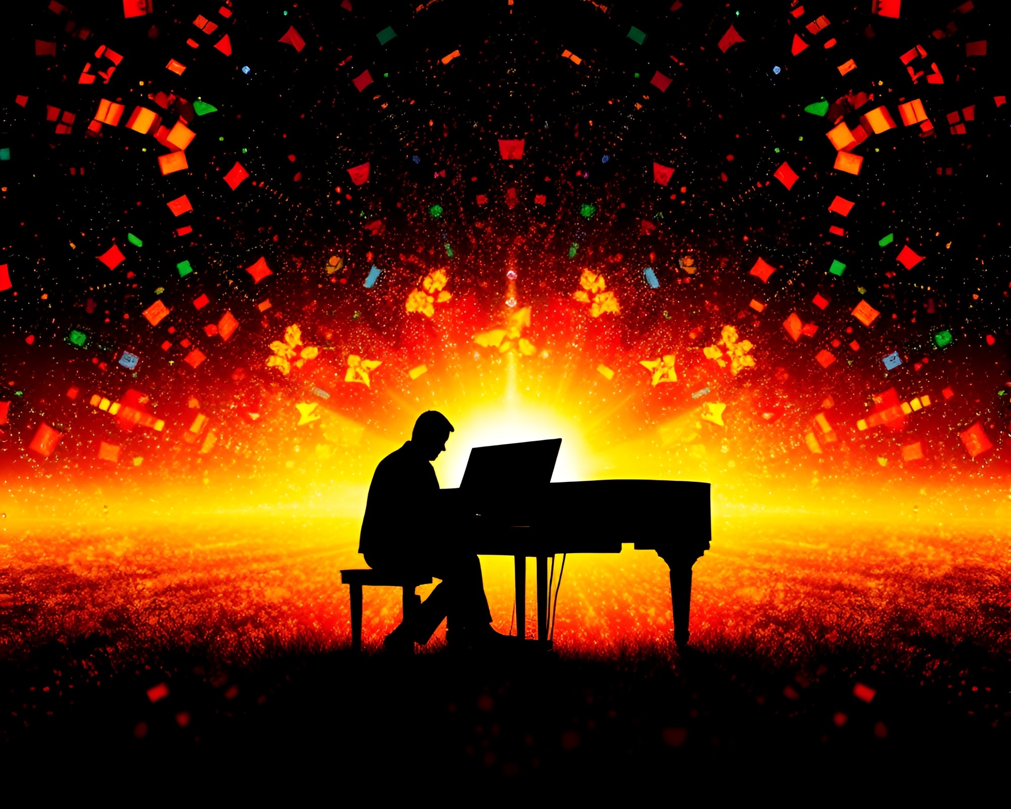 Mysterious Piano Player in Kaleidoscope Silhouette – free AI stock image