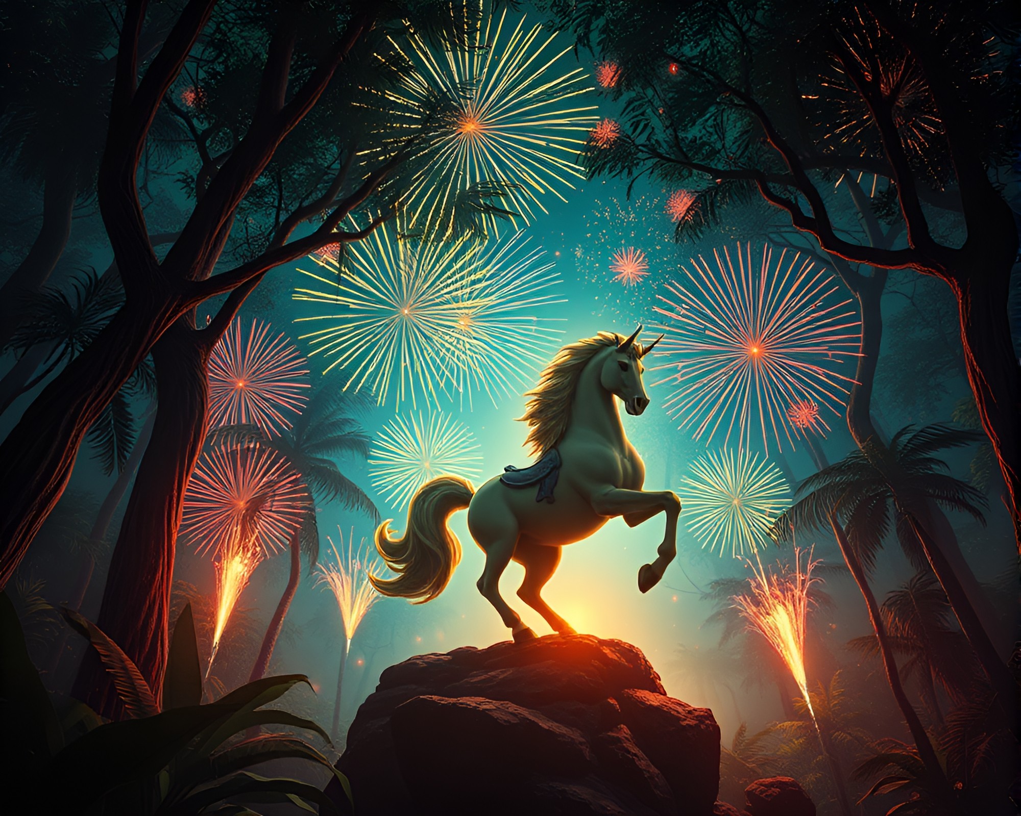 Surreal Centaur Amid Jungle Canopy Fireworks – free AI stock image