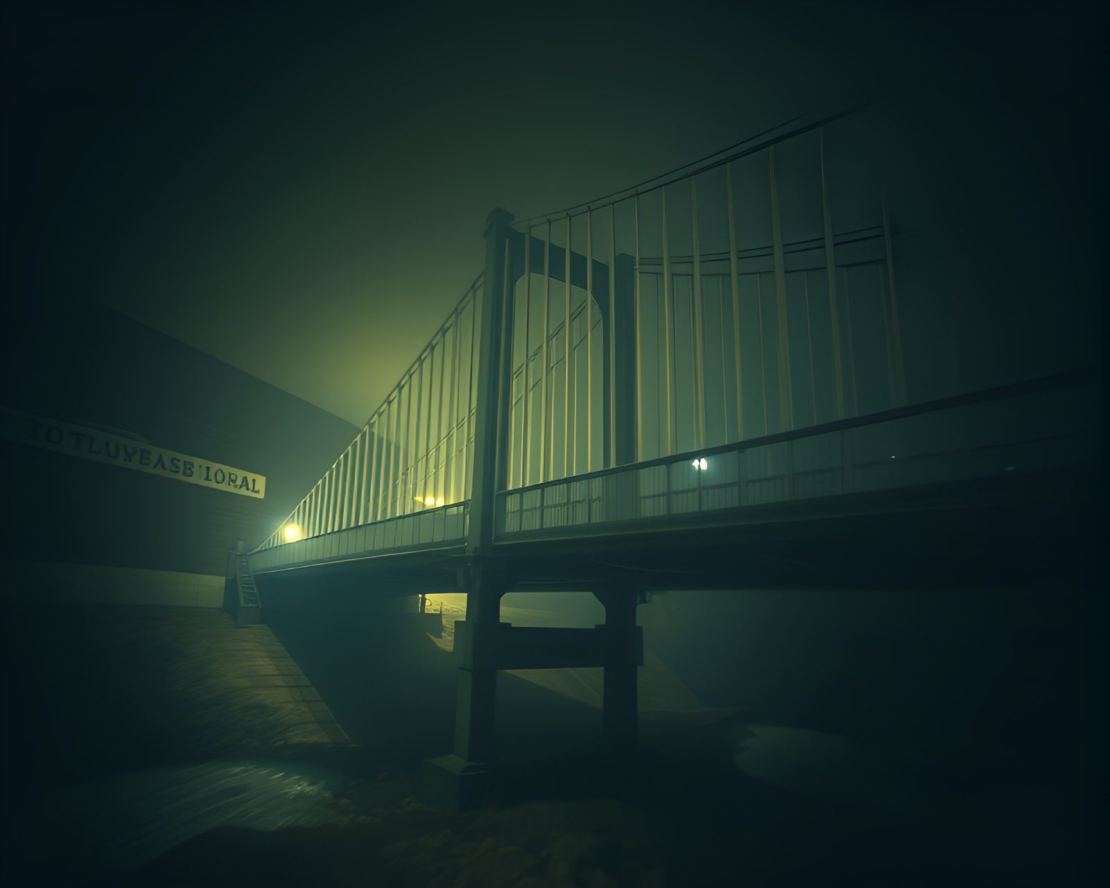 Dark, eerie basement with a ghostly suspension bridge in motion blur
