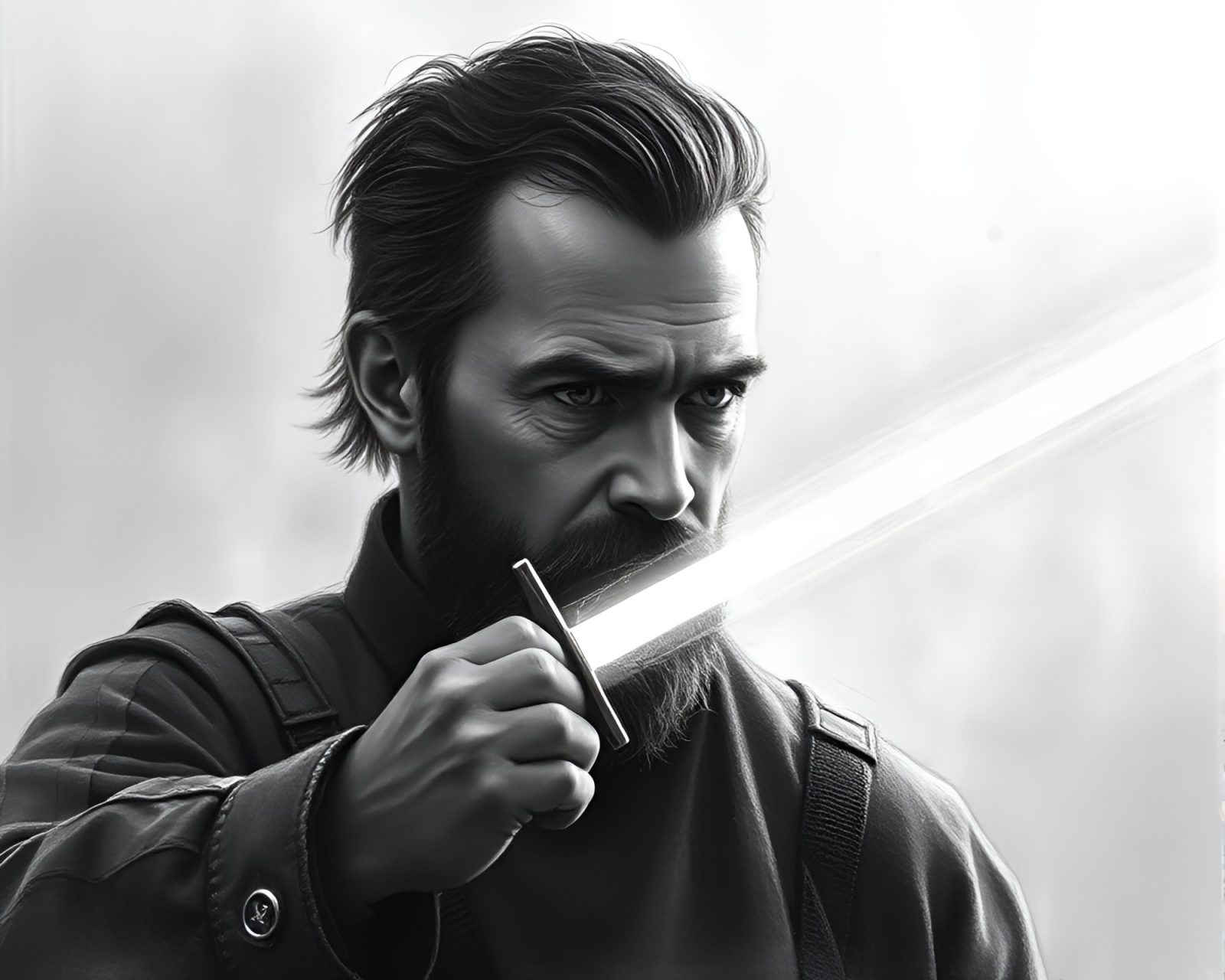 Graphite gray warrior wielding laser sword in grainy texture