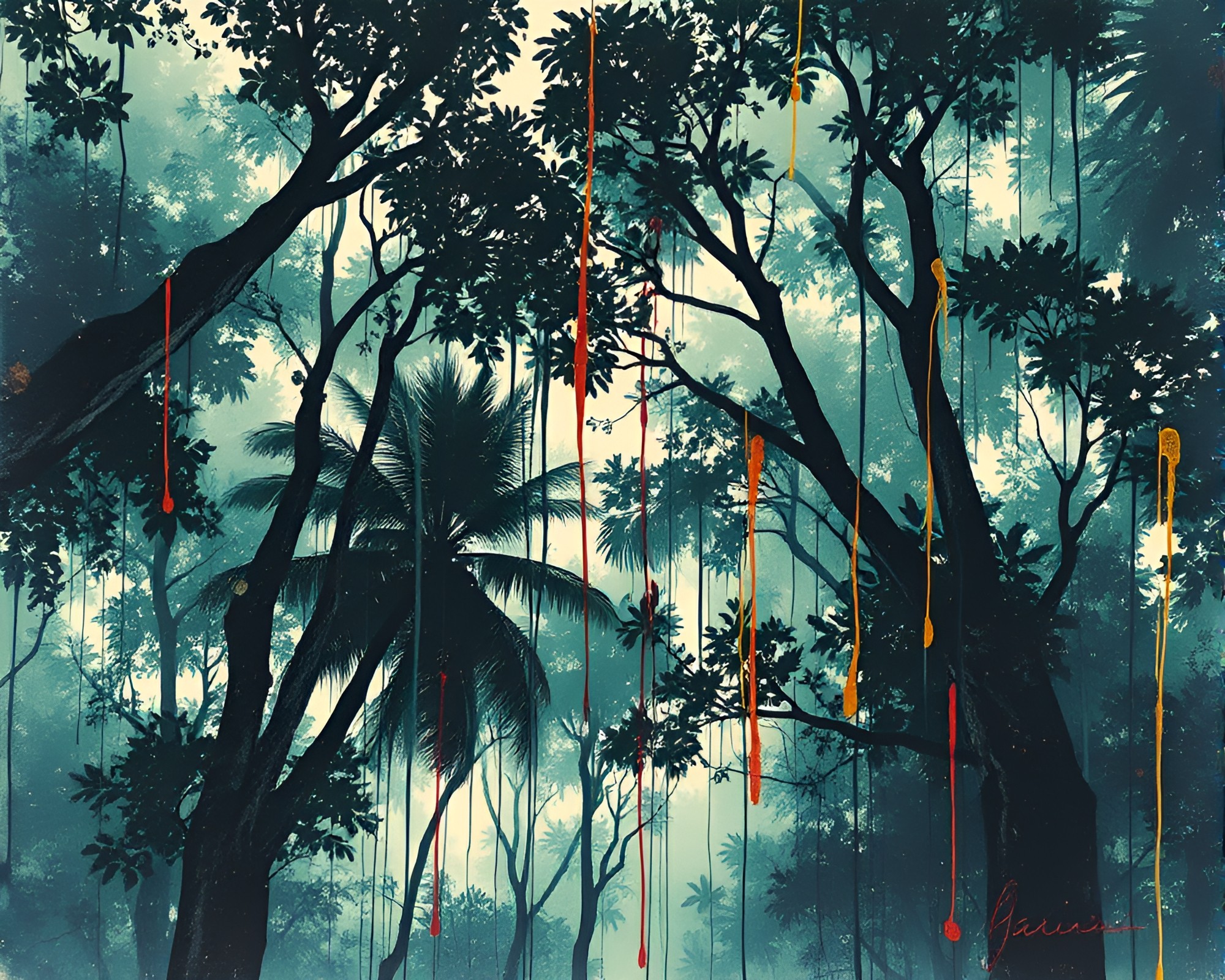 Misty Rainforest Canopy in Retro Ink Drips – free AI stock image