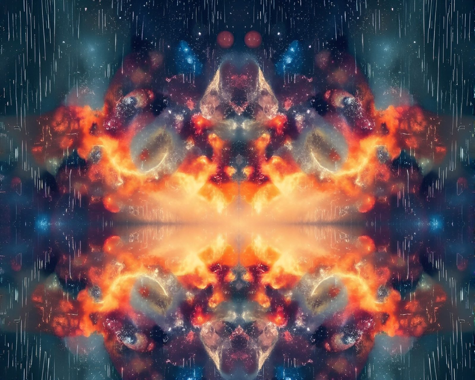 Symmetrical watercolor painting of a celestial nebula reflecting in rain
