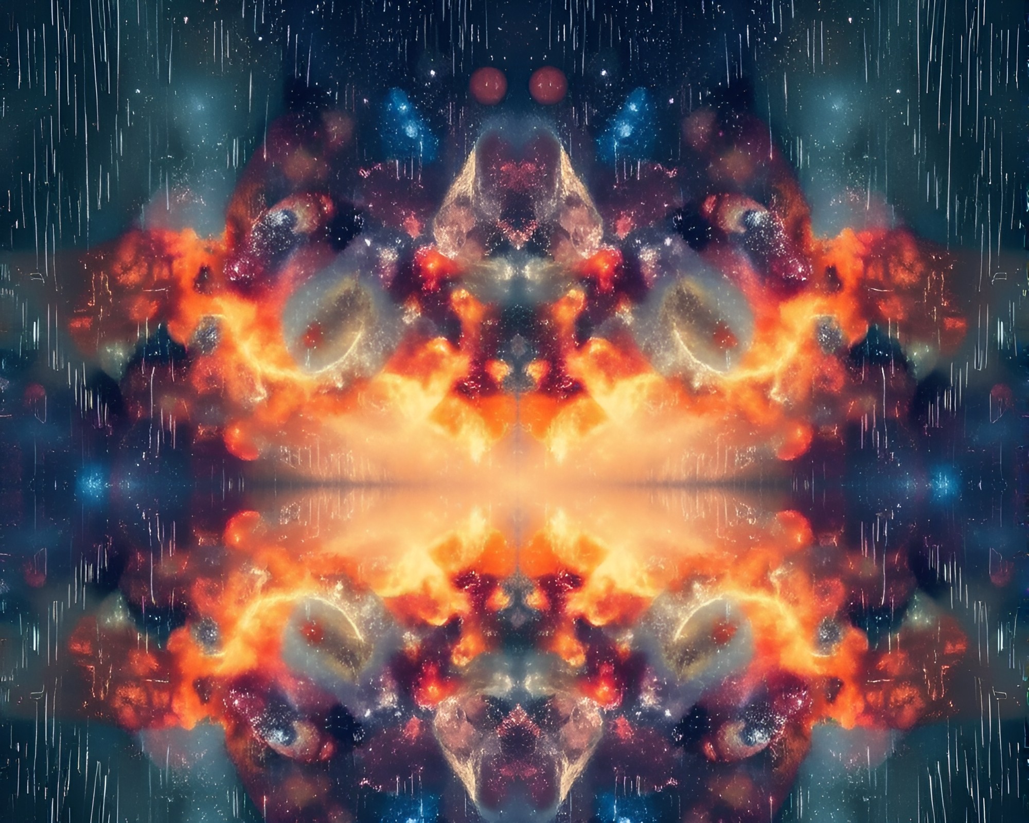 Symmetrical Wildlife Watercolor of Celestial Nebula in Rainy Reflections – free AI stock image
