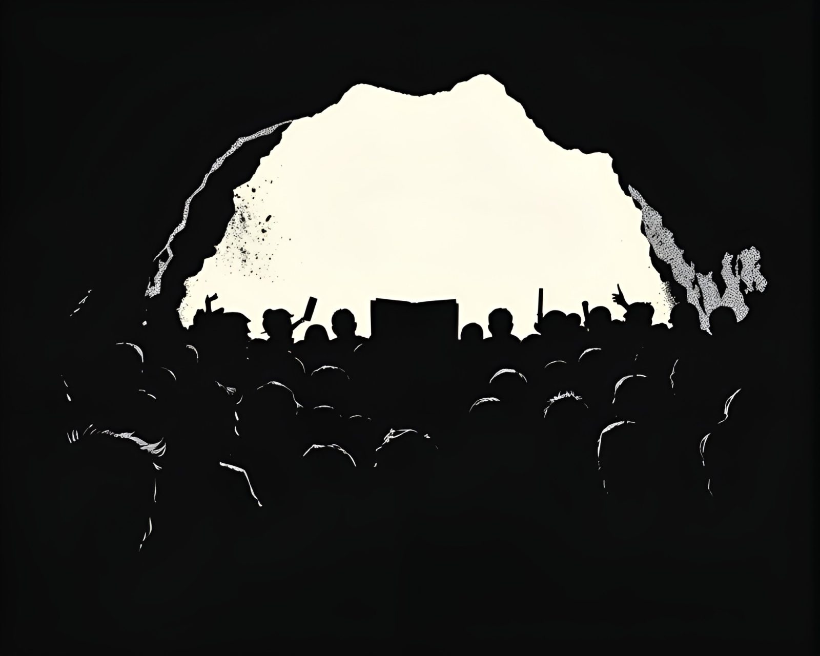 Shadowed figures gather at dimly lit cavern inspired by Edgar Allan Poe