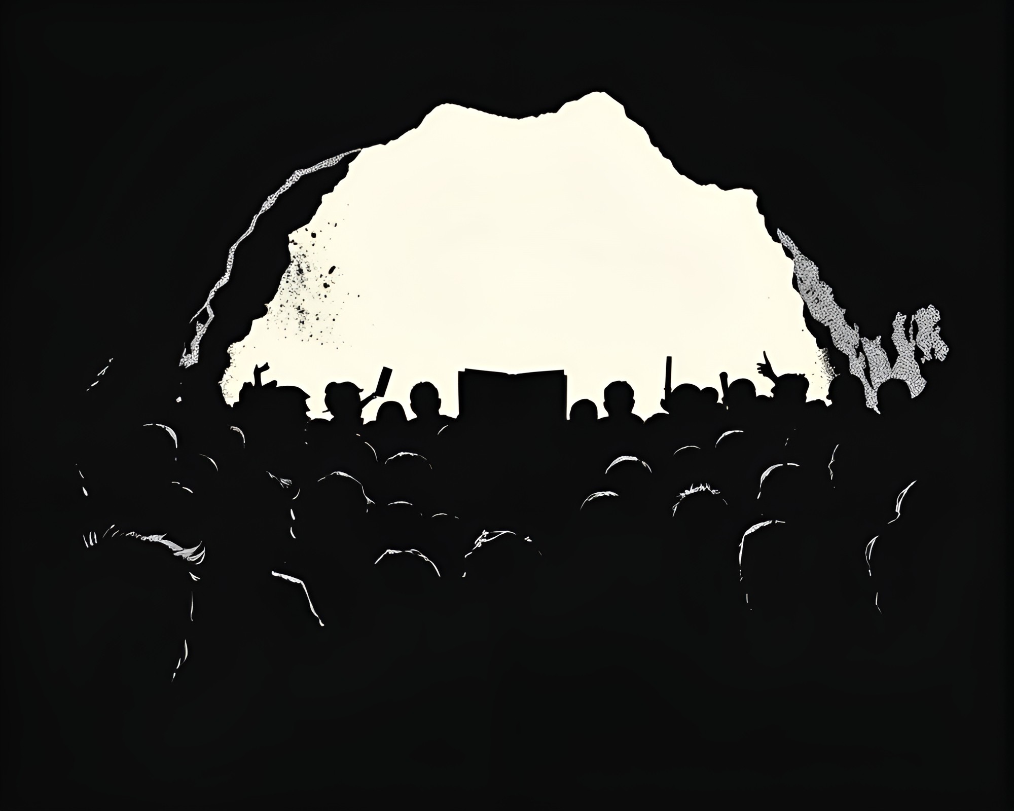 Eerie crowd of silhouettes at Poe-themed cave entrance – free AI stock image