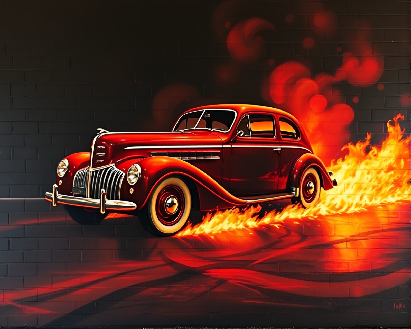 Spotlight focused on vintage car surrounded by burning embers