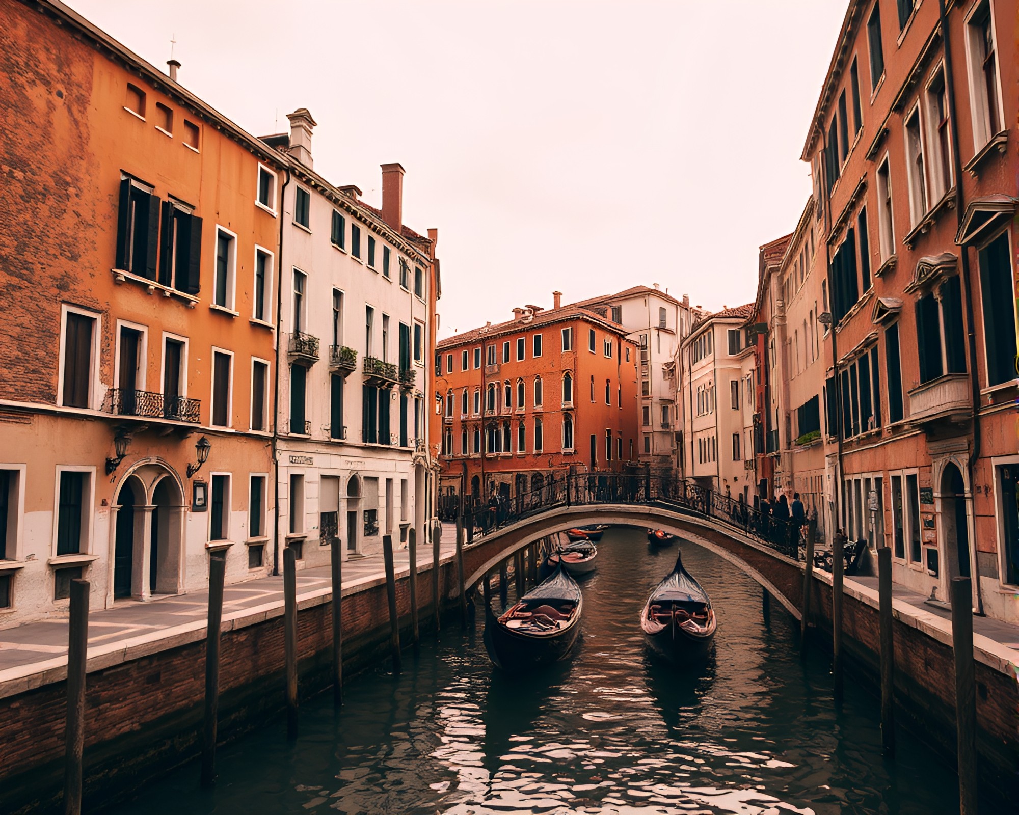 Venetian Canal Sunset in Sepia: Low-Angle Elegance – free AI stock image