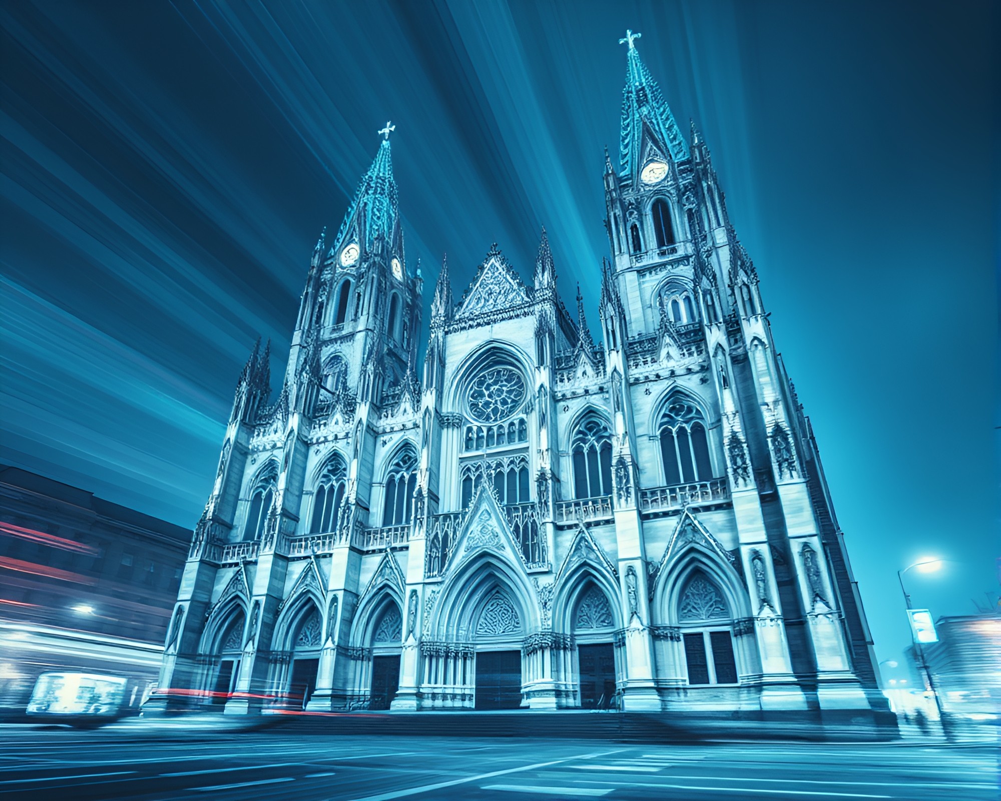 Gothic Cathedral Motion Blur Streaks Ice-Blue Illustration – free AI stock image