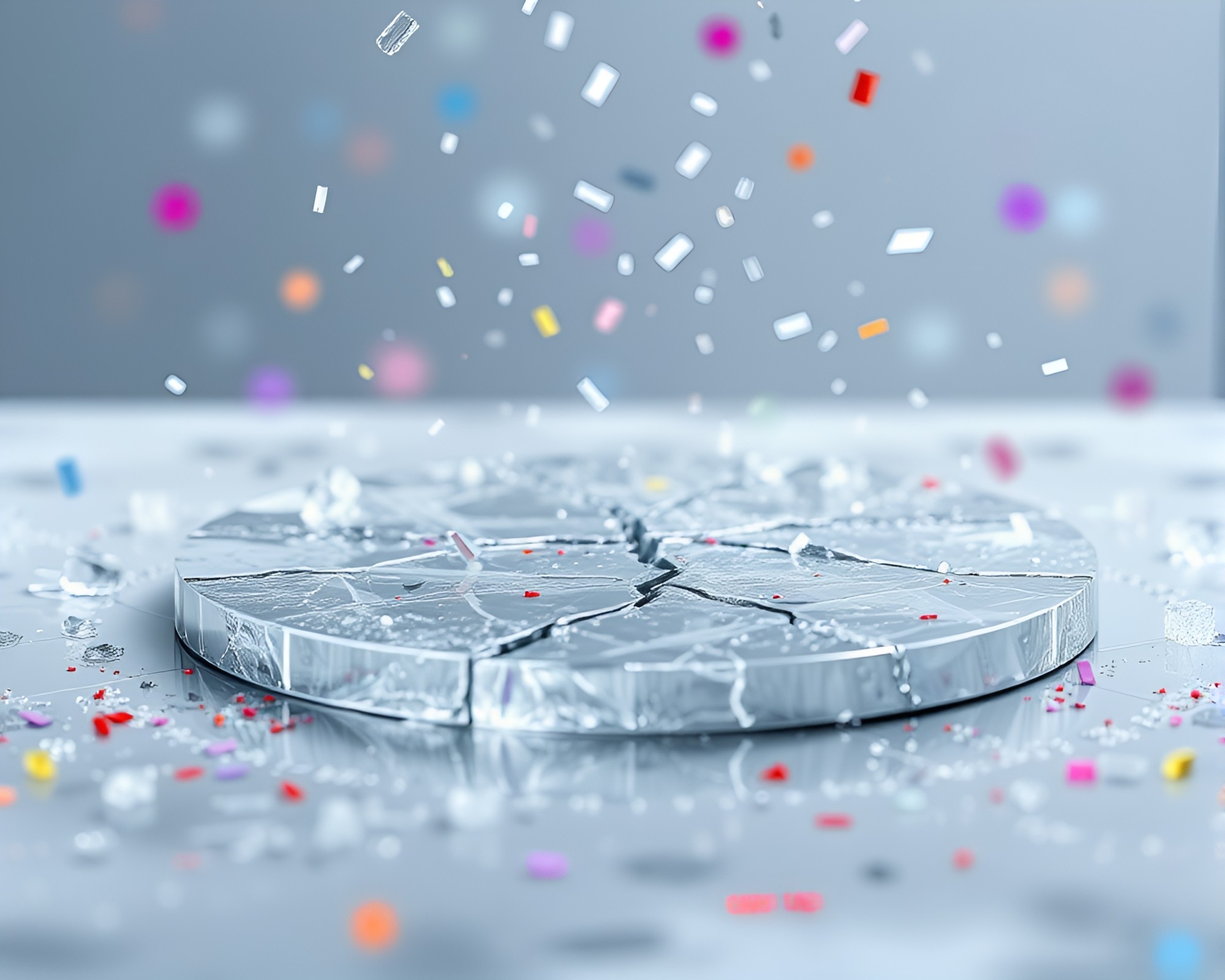 Cheese Platter Reflected in Ice Cracks with Colorful Confetti Burst – free AI stock image