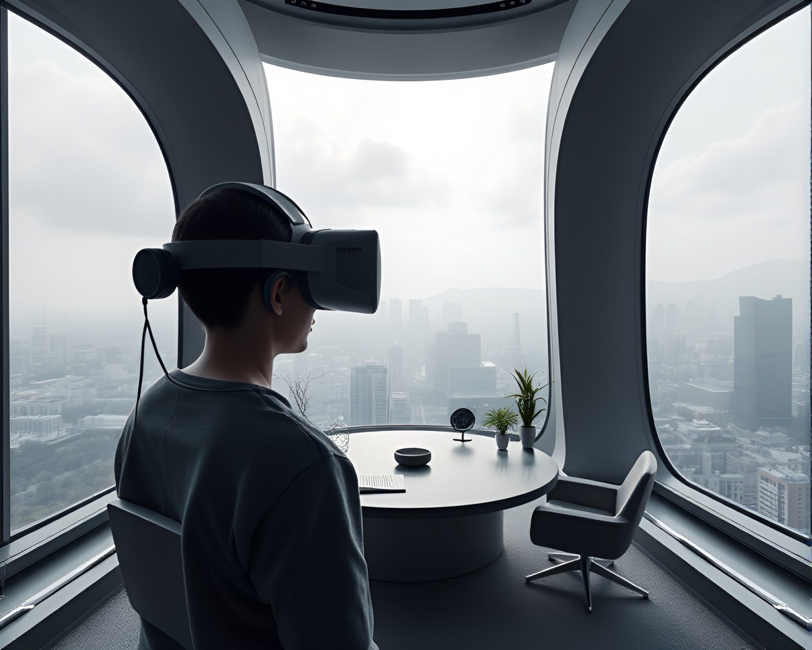 A futuristic VR hub with panoramic gray surroundings in natural light