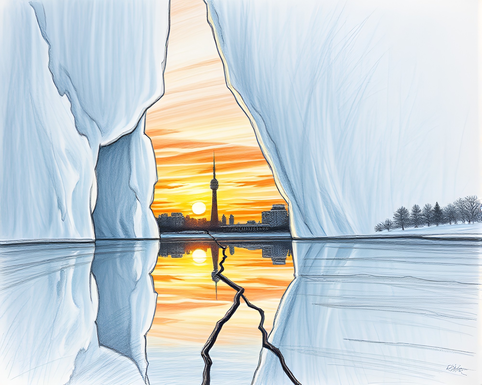 Surreal Ice Reflection of Schrodinger’s Cat at Sunset – free AI stock image