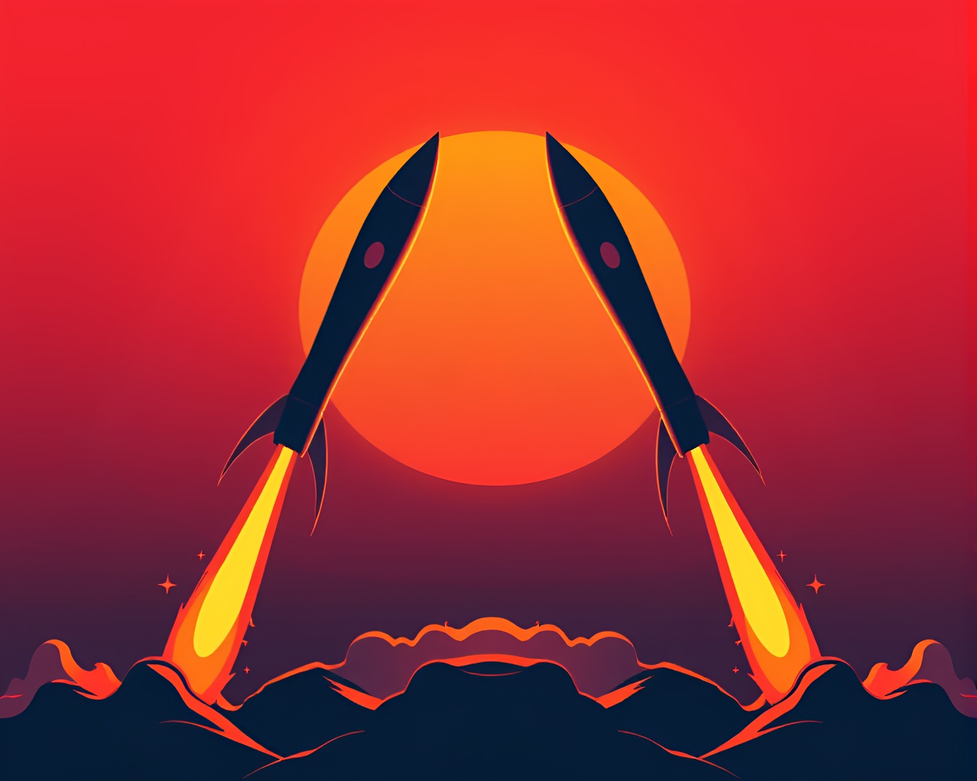 Sunset Rocket: Symmetrical Cel-Shaded Sky – free AI stock image
