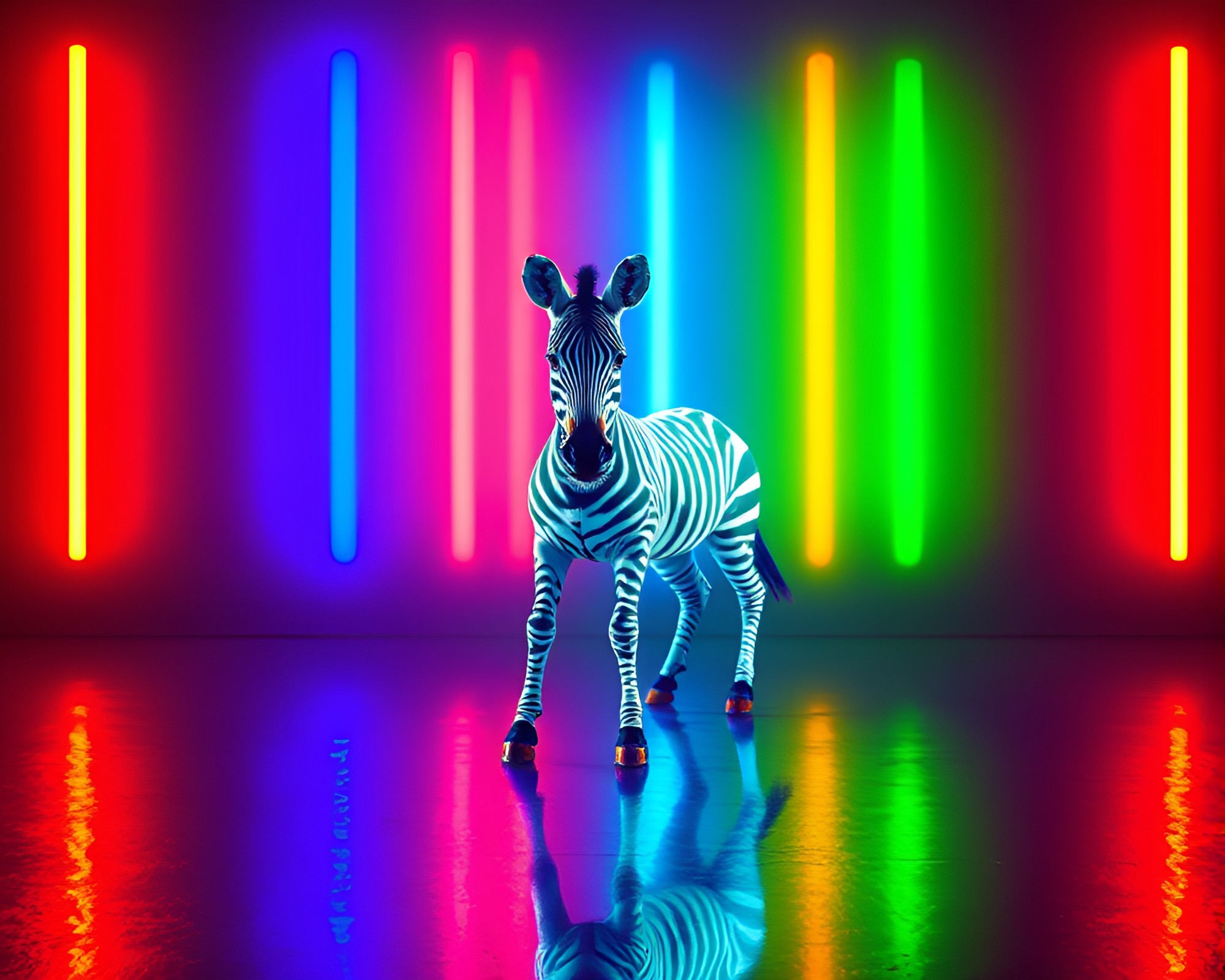Zebra under neon spotlight reflection – free AI stock image