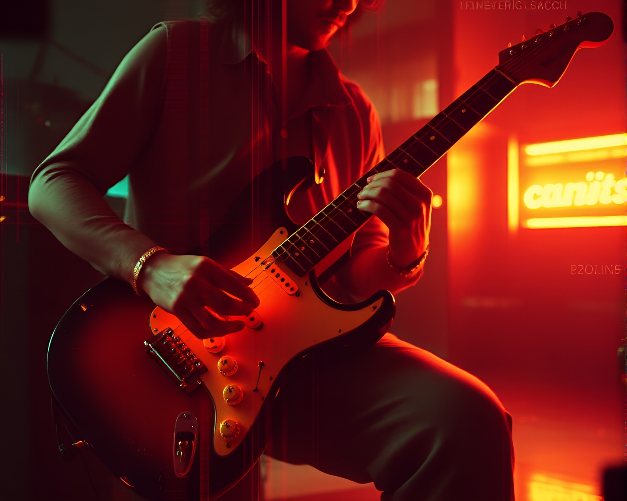 Dystopian Guitarist in Cross-Processed Hatching Composition – free AI stock image