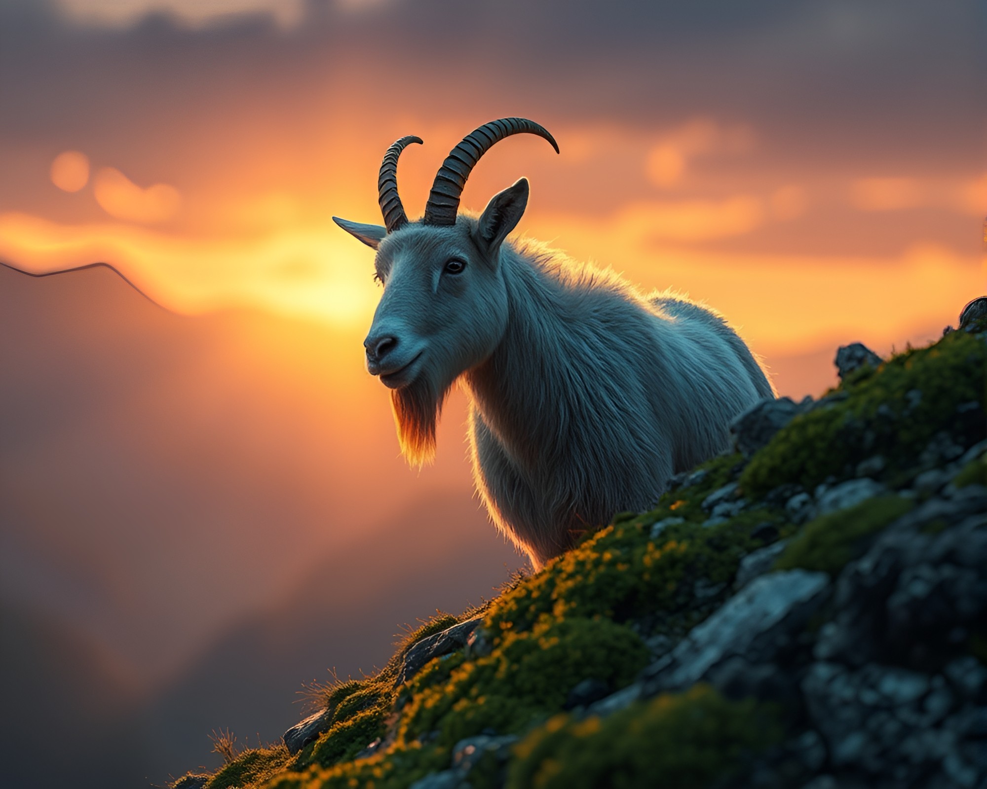 Lichen-clad mountain goat at dawn – free AI stock image
