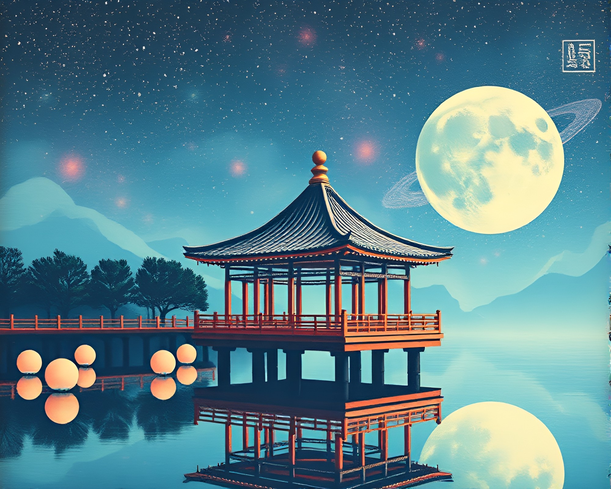 Planetary Pastel Floating Pavilion Woodblock Print – free AI stock image
