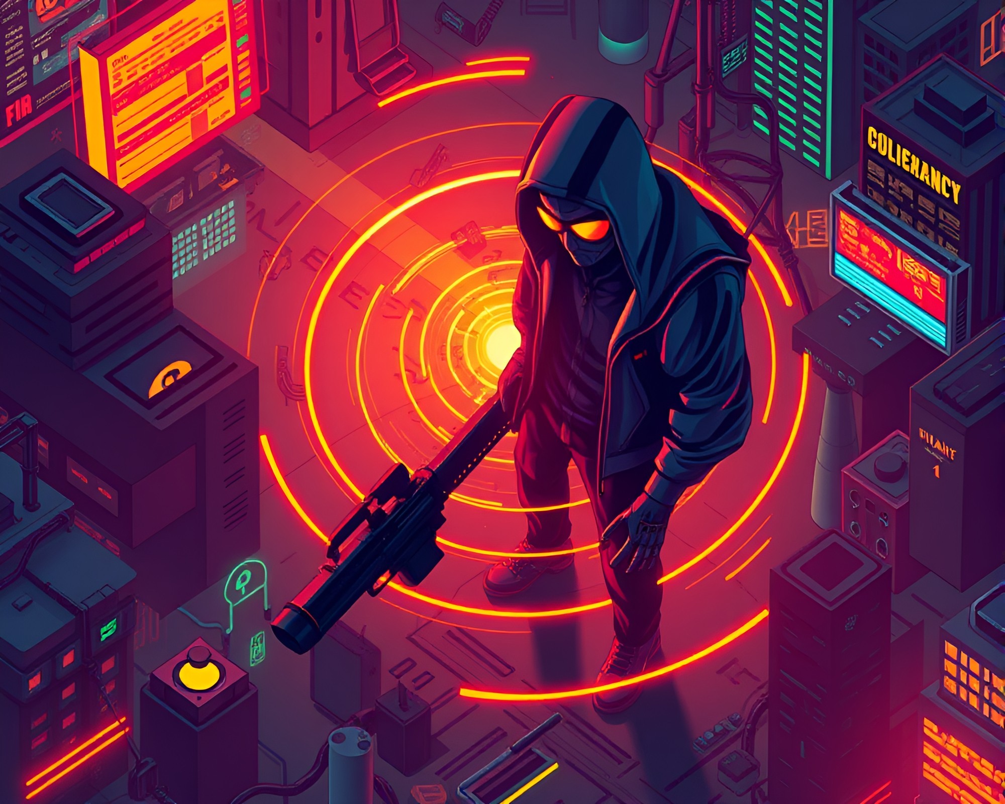 Cyberpunk Vigilante in Fibonacci Spiral Isometric Glow – free AI stock image