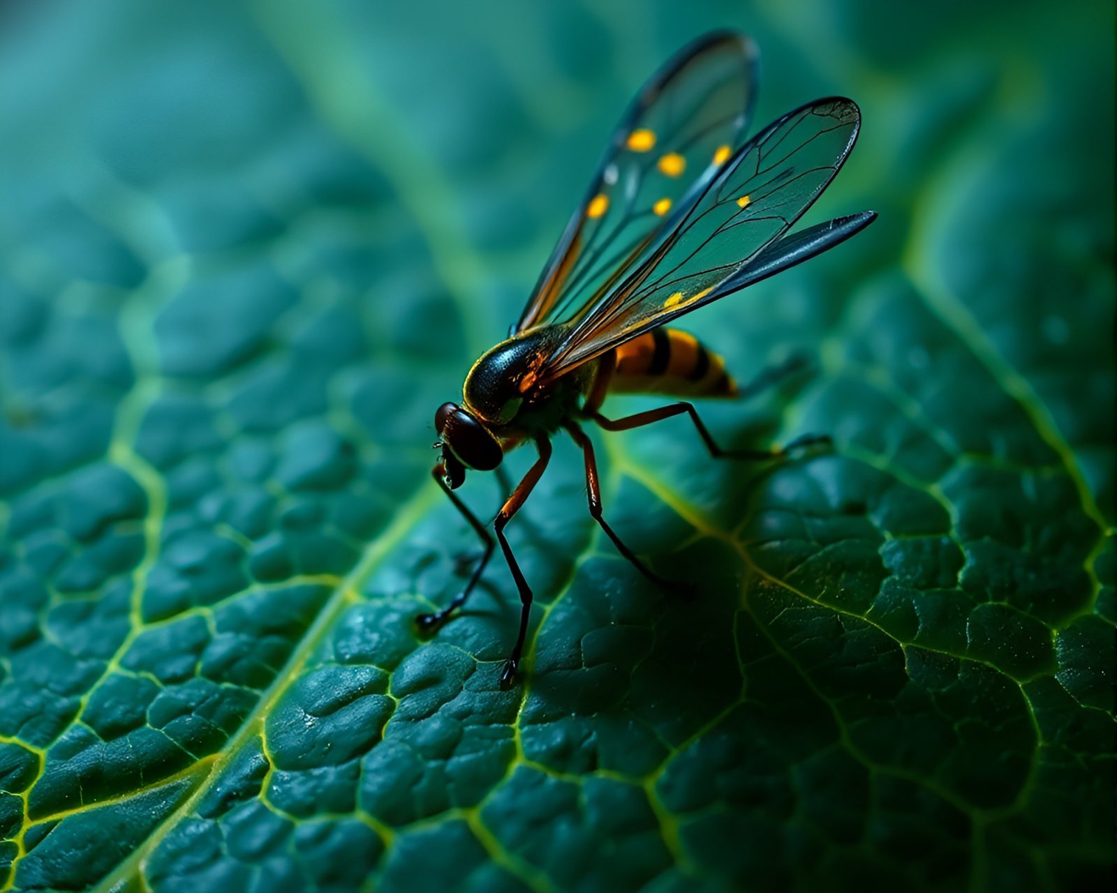 A telephoto photo of a jetpack glowing like fireflies amidst intricate leaf vein patterns