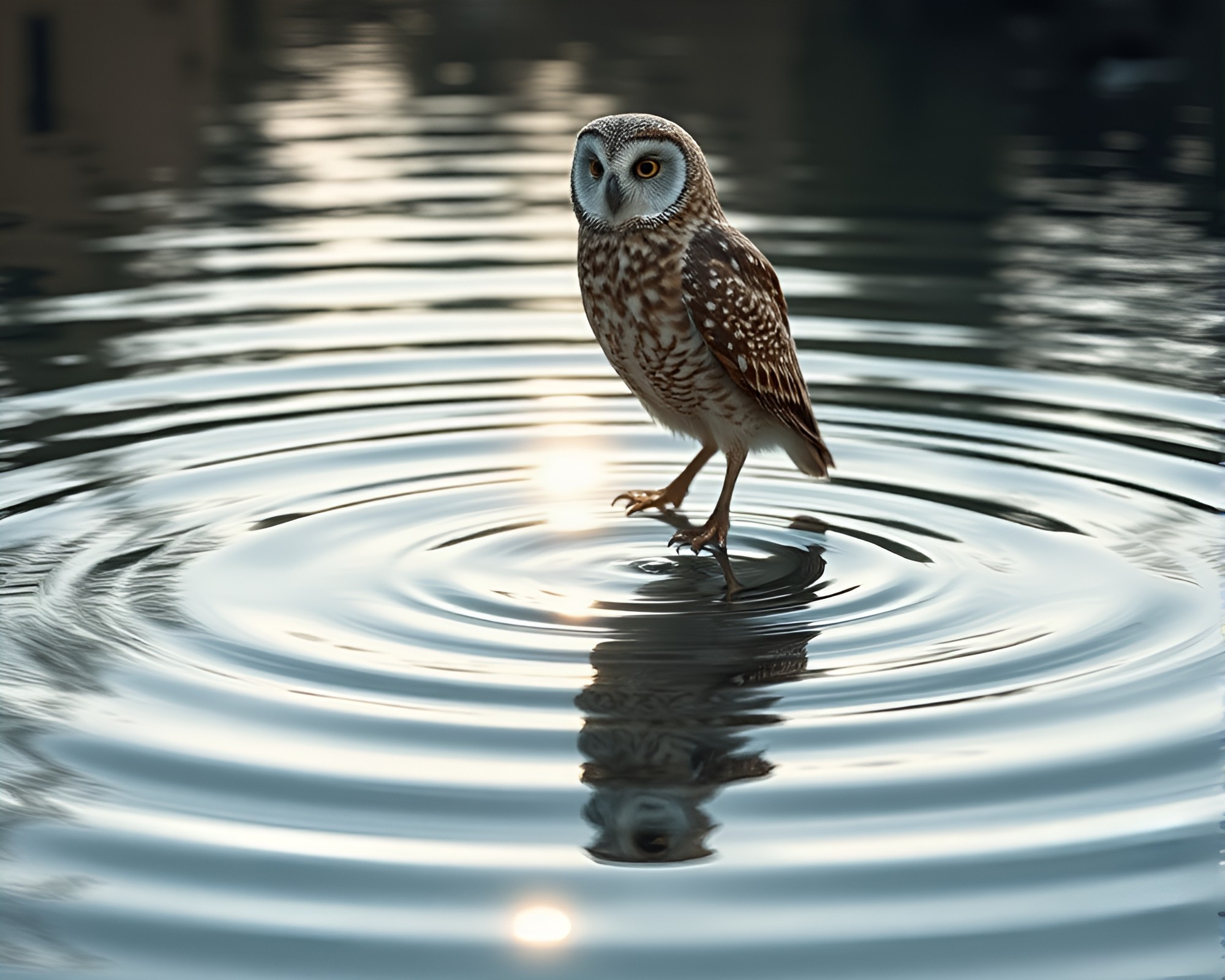 Ethereal Owl in Cloth Shadows with Water Reflection Ripples – free AI stock image
