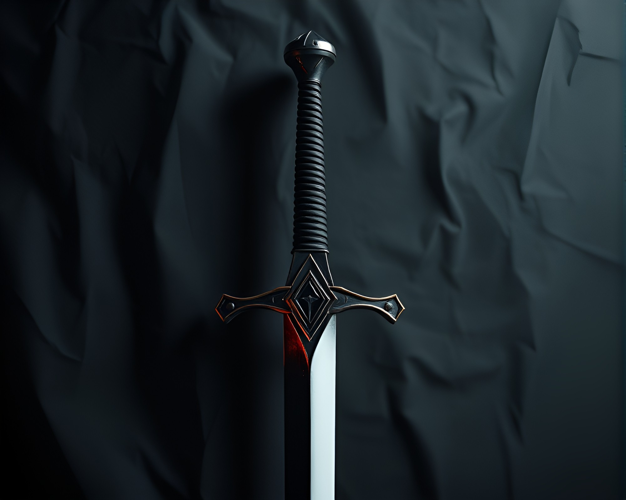 Sword-wielding warrior in distorted lens fantasy world – free AI stock image