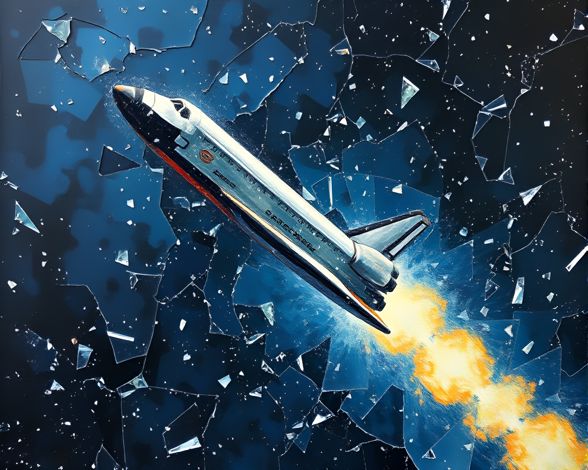 Space Shuttle Amidst Glass Shards in Bright Light – free AI stock image