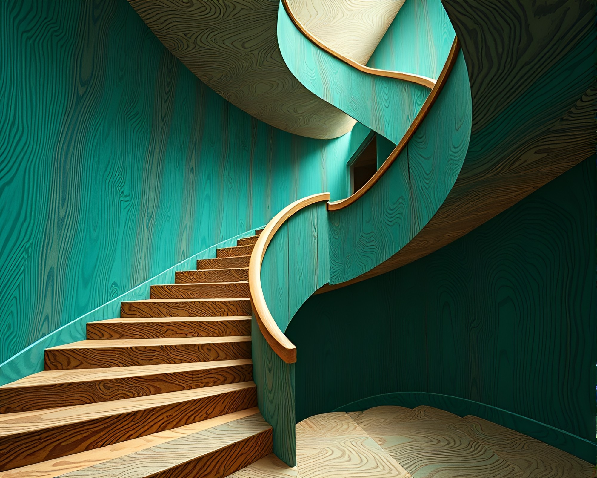 Teal Serenity in Retro Futurist Wood Grain Staircase – free AI stock image