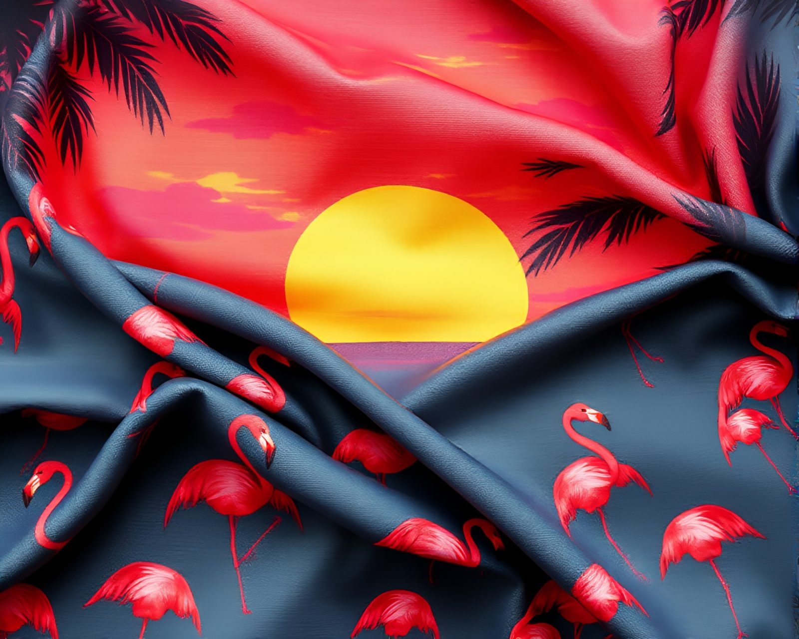 Beautiful utopian style image of a flamingo surrounded by vibrant fabric folds at sunset