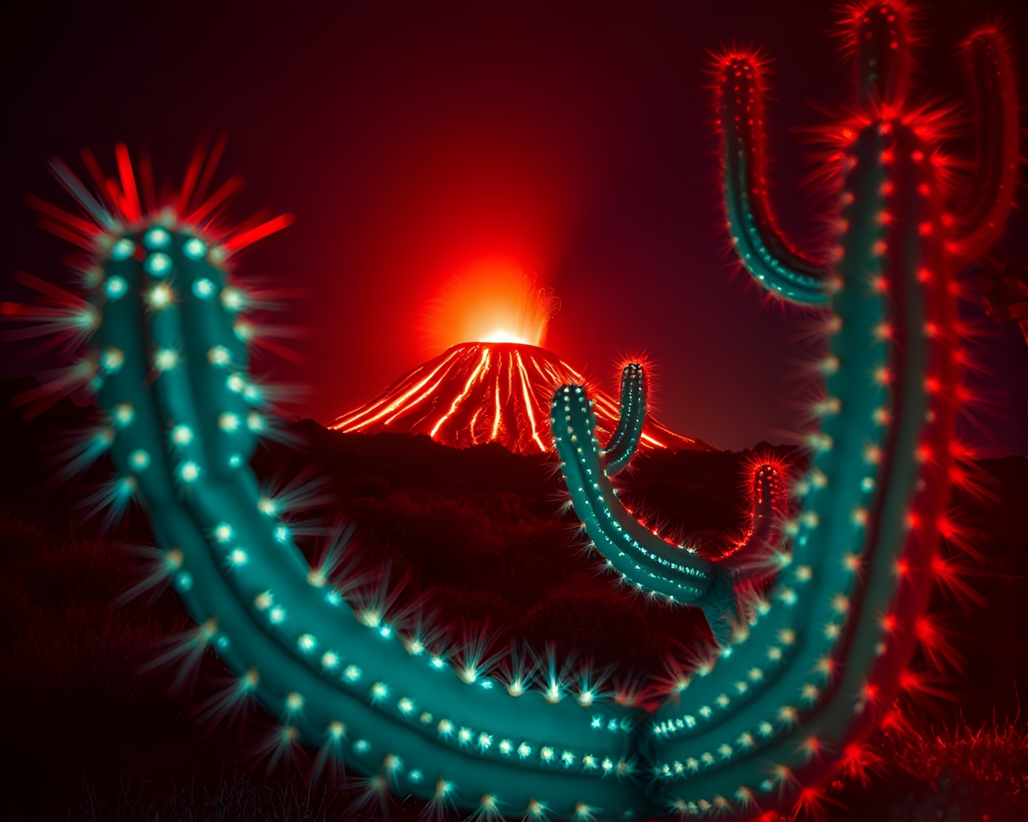 Vibrant Neon Cactus Glowing in Volcano Red – free AI stock image