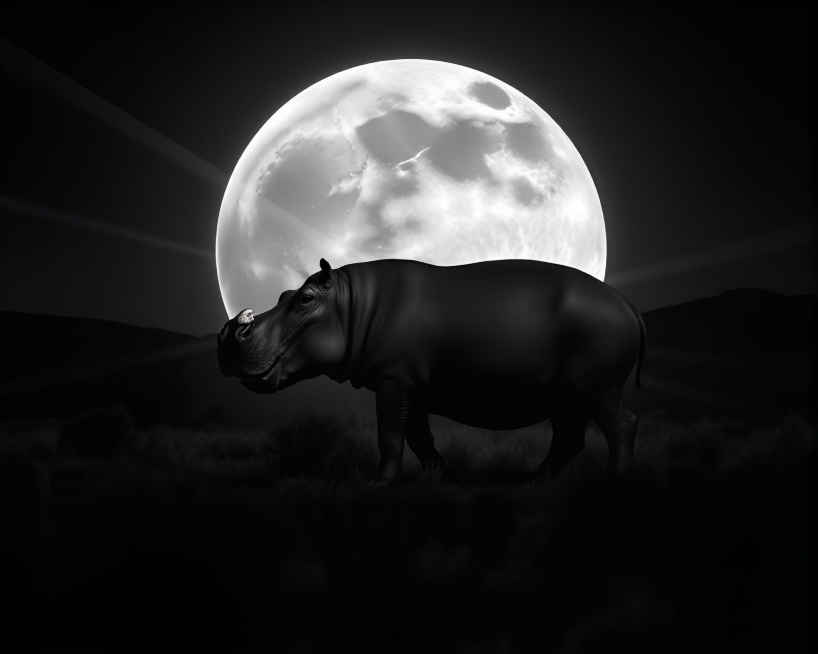 Procedurally generated gray laser light display on hippopotamus