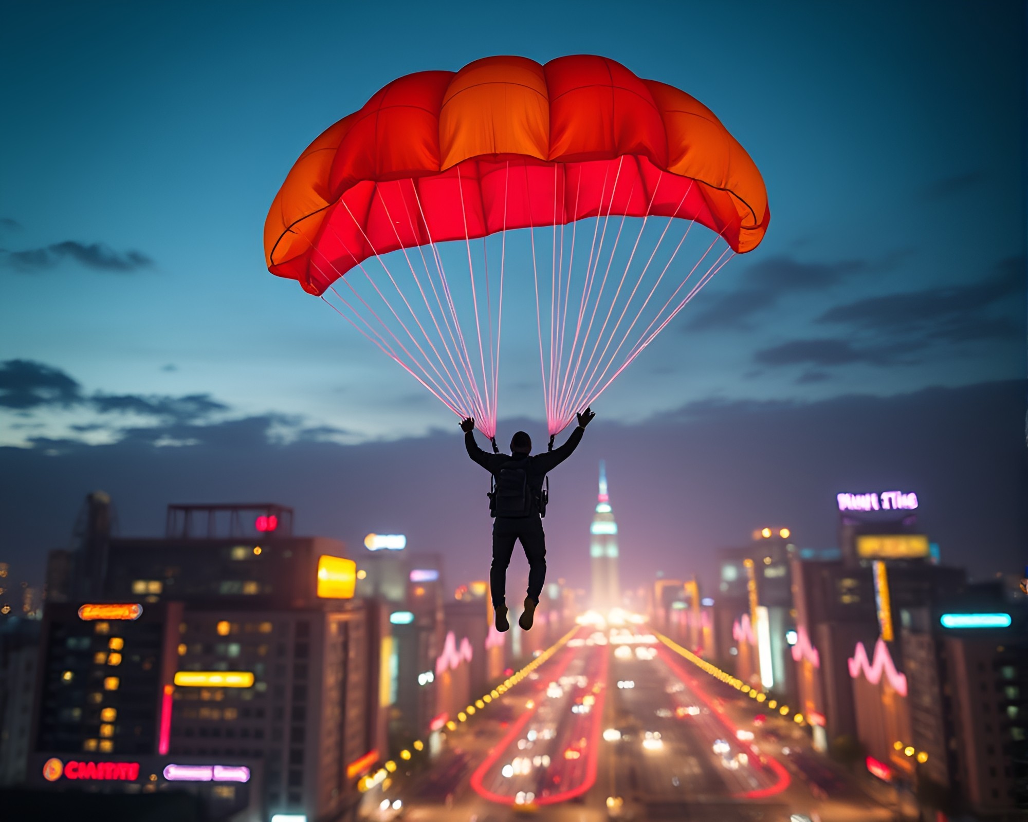 Parachute Jumper in Neon City Night Sky – free AI stock image