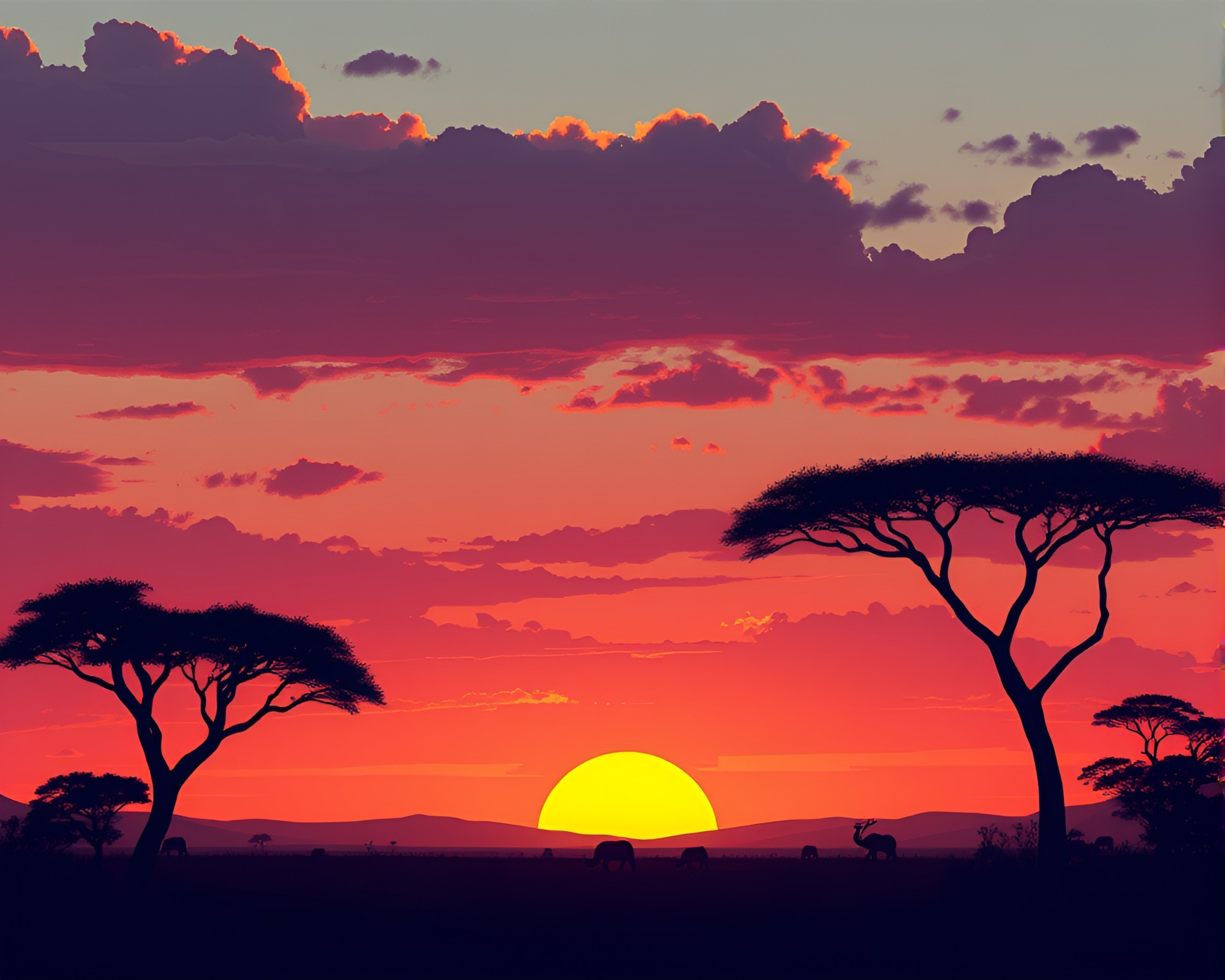Savanna Sunset: Steam Vapor Hard Shadows Flat Design – free AI stock image
