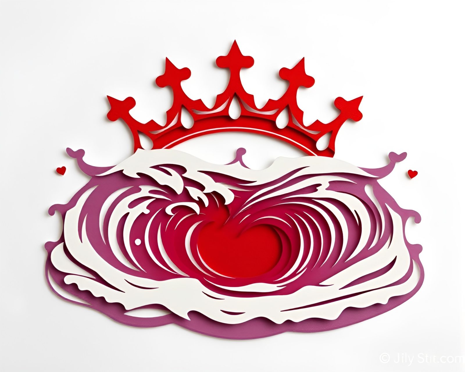 Paper cutout of swirling waters in regal red hues