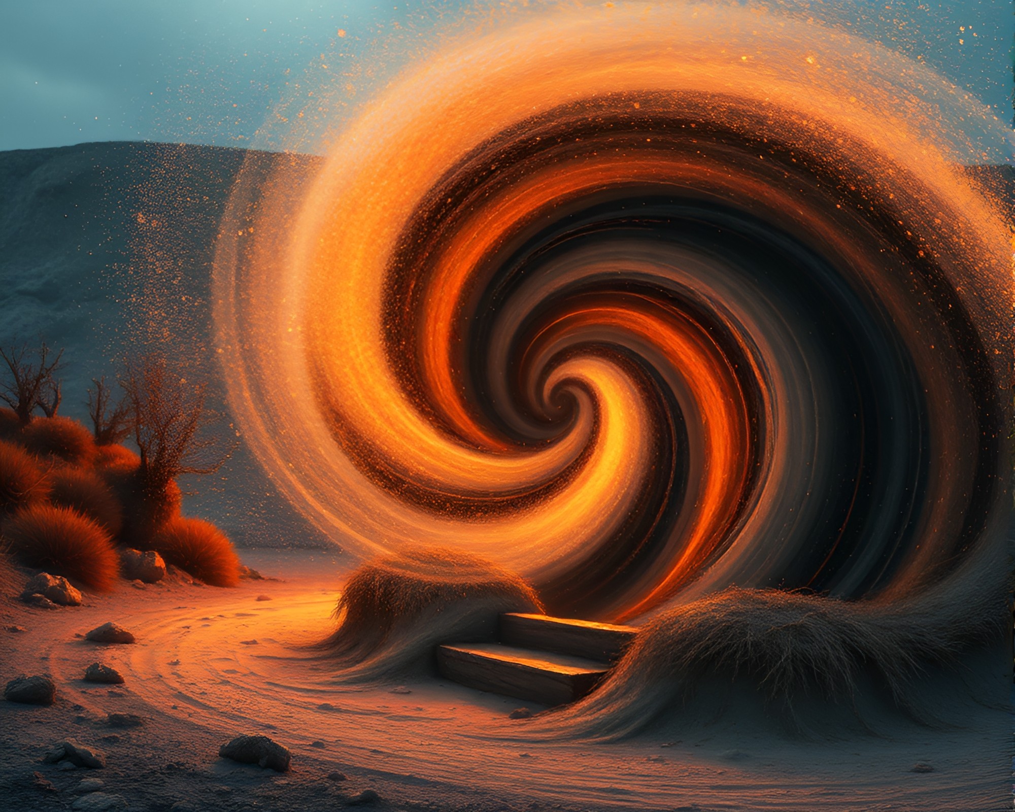 Mud Hut Portal: Stardust Shimmer Tri-Tone Vortex – free AI stock image