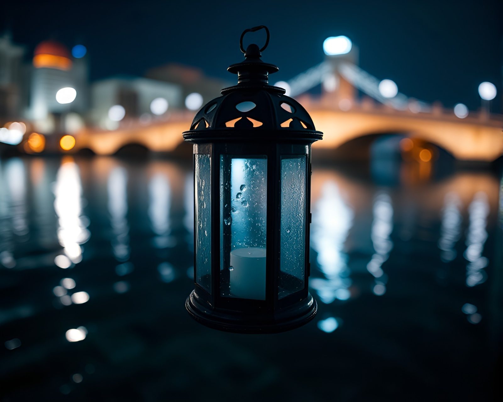 Shallow depth of field image of bridge reflected in water by lantern light