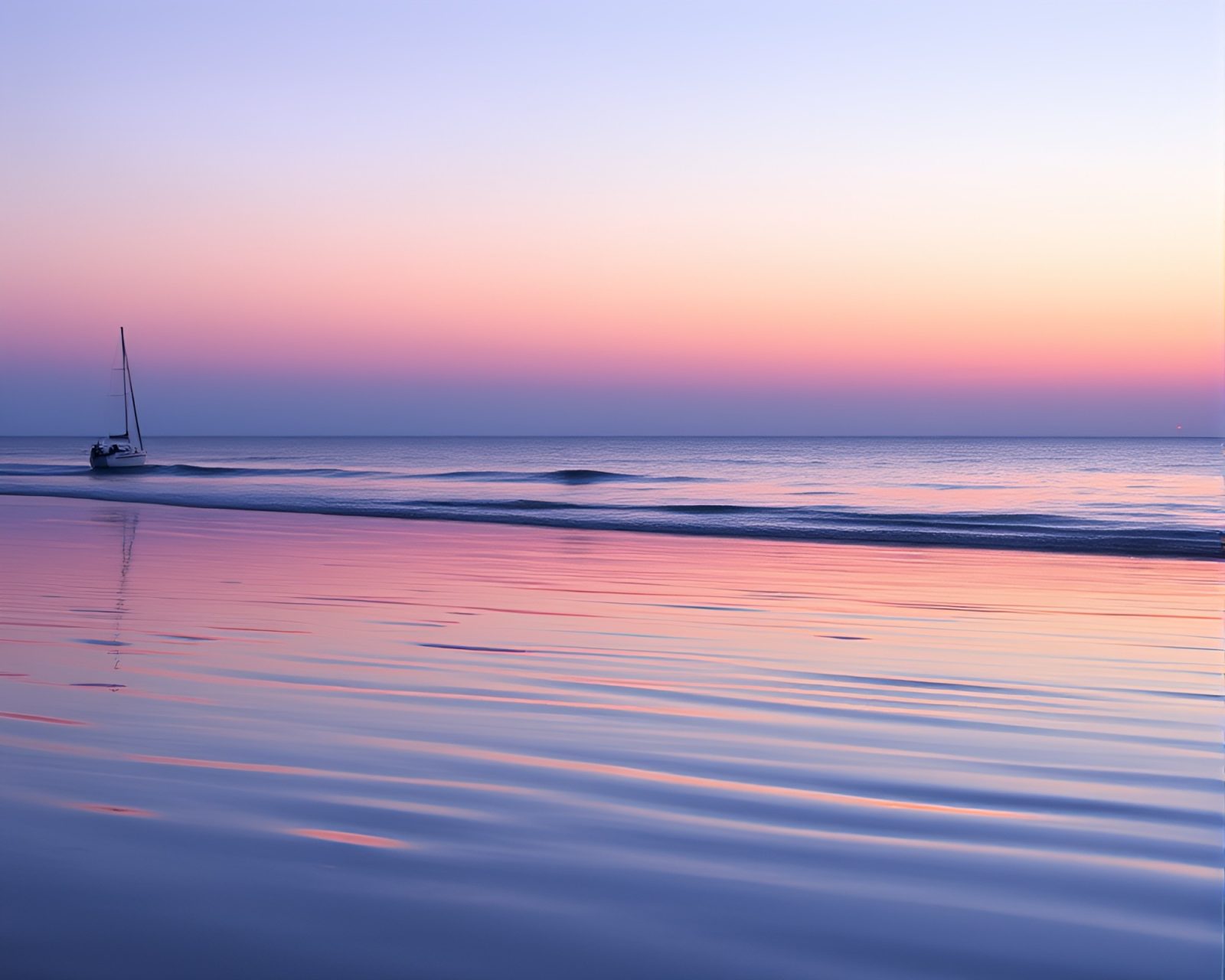 Lavender twilight at beach with cartoon water reflection ripples