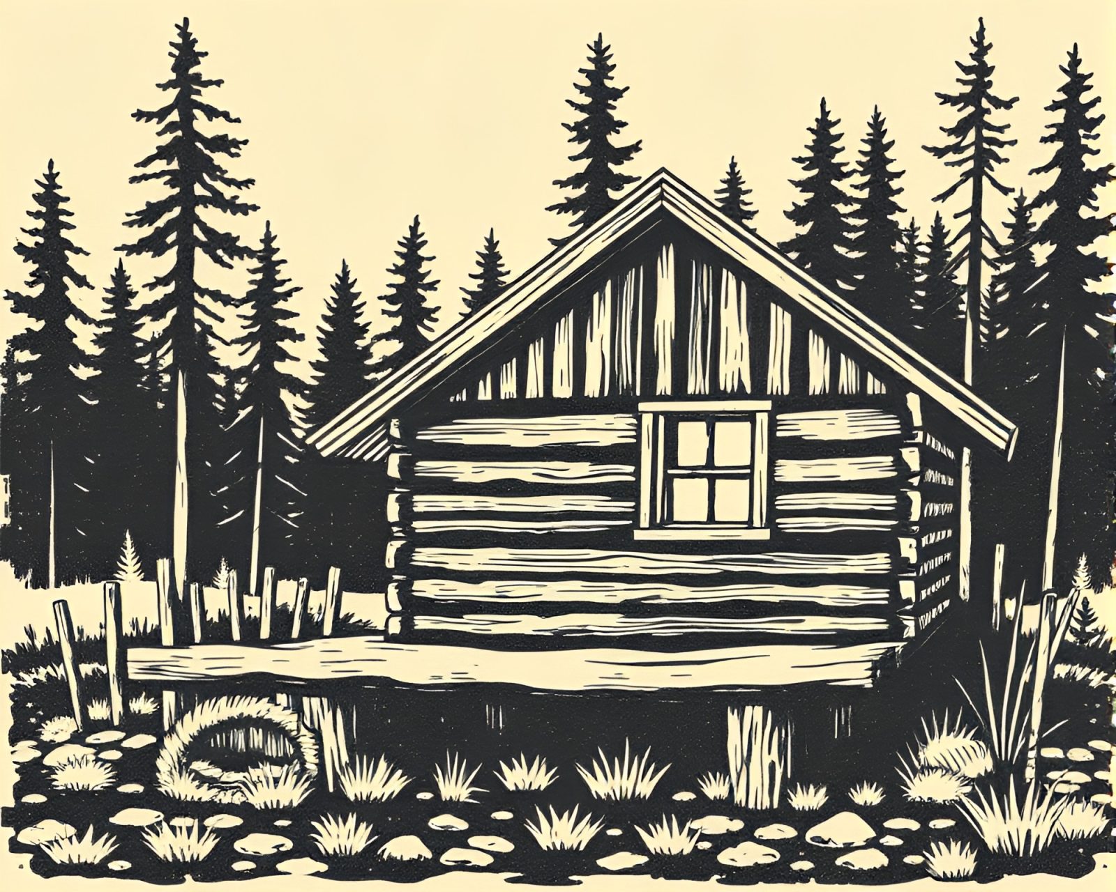 Checkered pattern floor in a rustic cabin with acid palette