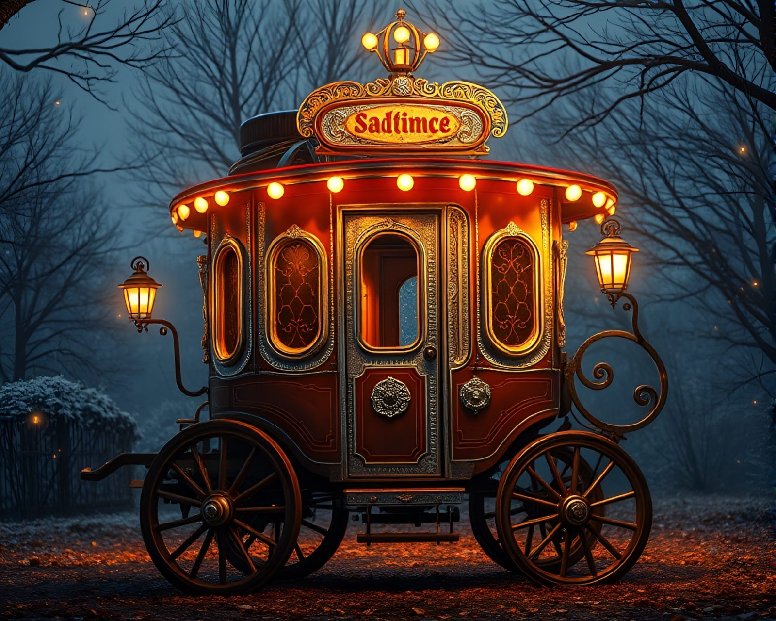 Manga-style stagecoach engulfed in porchlight, adorned with silver leaves