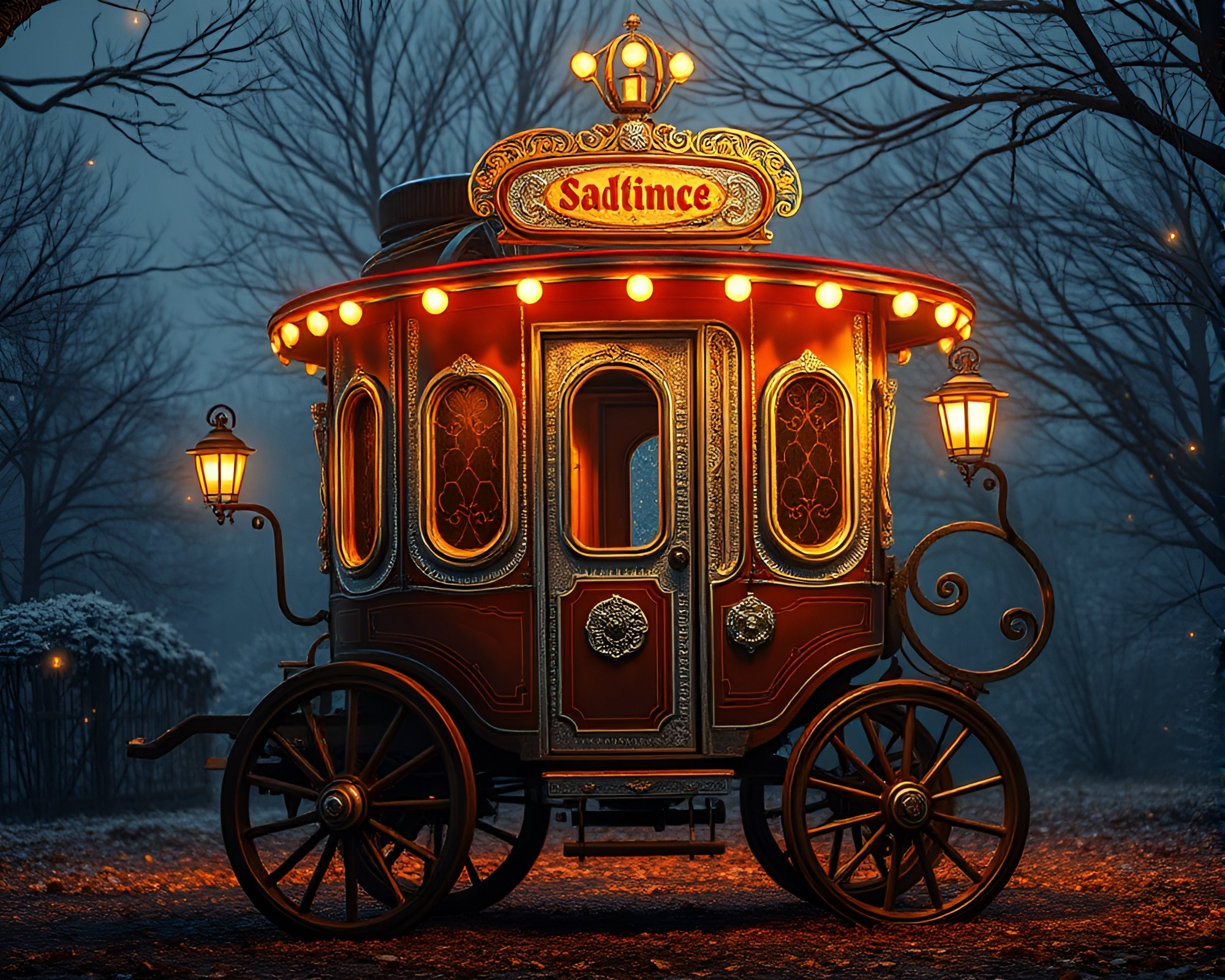 Moonlit Stagecoach Ride with Silver Leaf Accents – free AI stock image