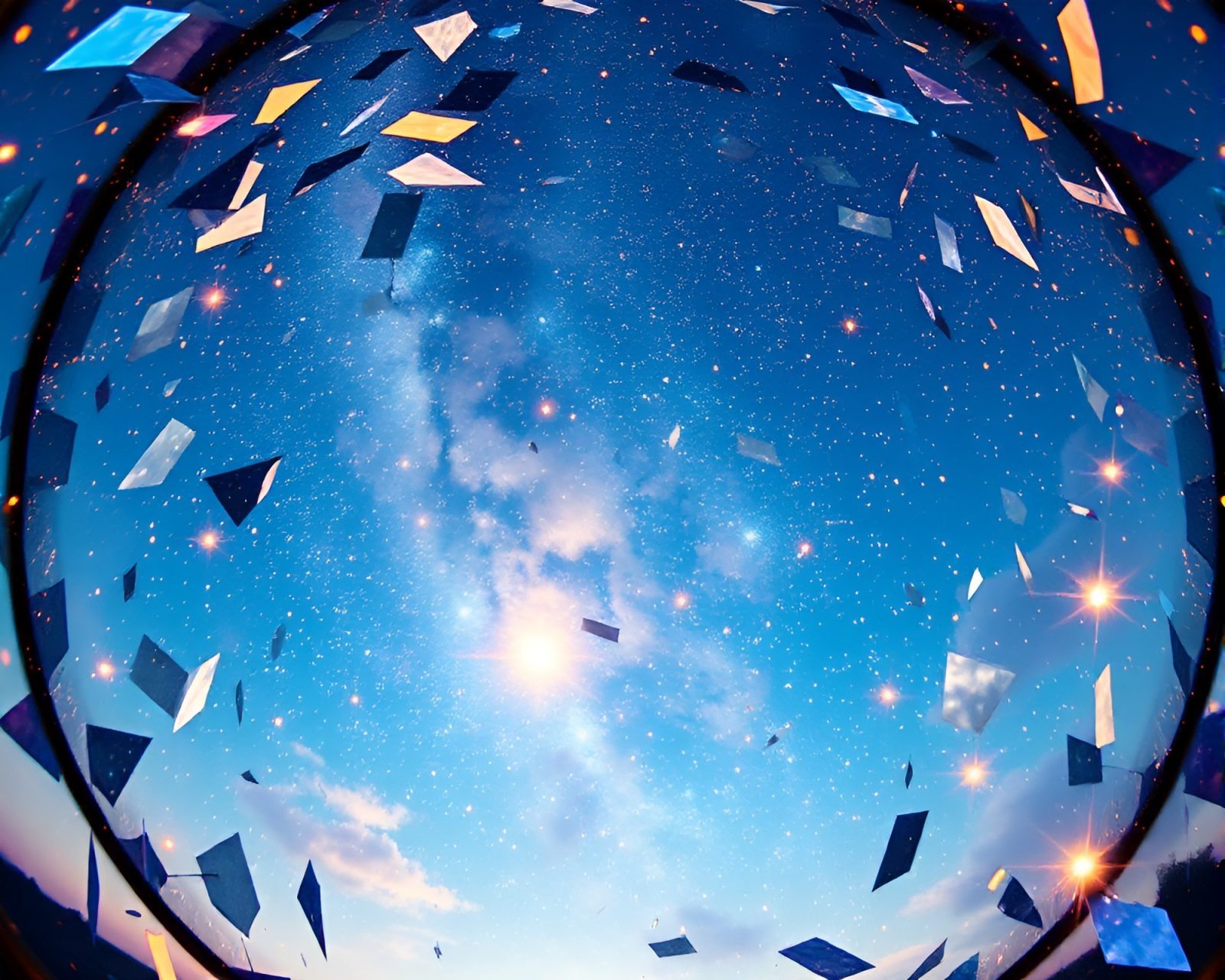 Fragmented glass tunnel reflecting colorful starlit sky, expressionist painting