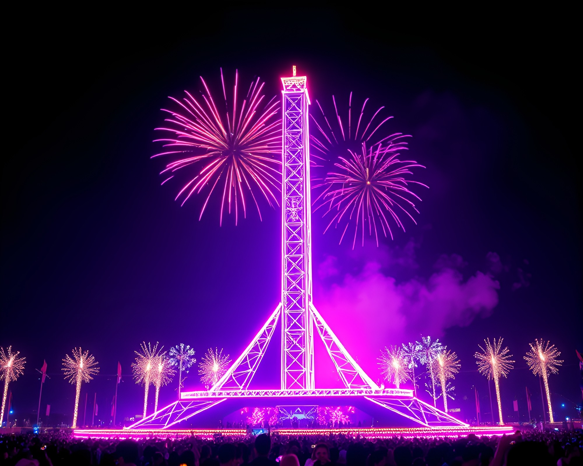 Neon Wireframe Festival: Hyper-Realistic Obelisk Illuminated – free AI stock image