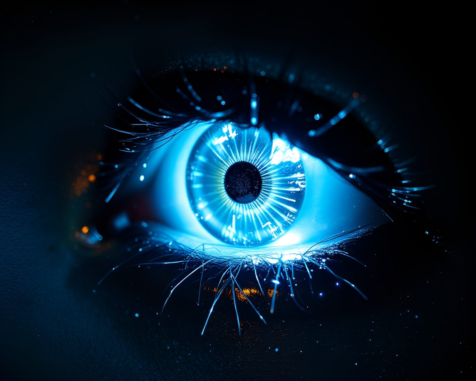 Futuristic eye with glowing silver details in dark setting