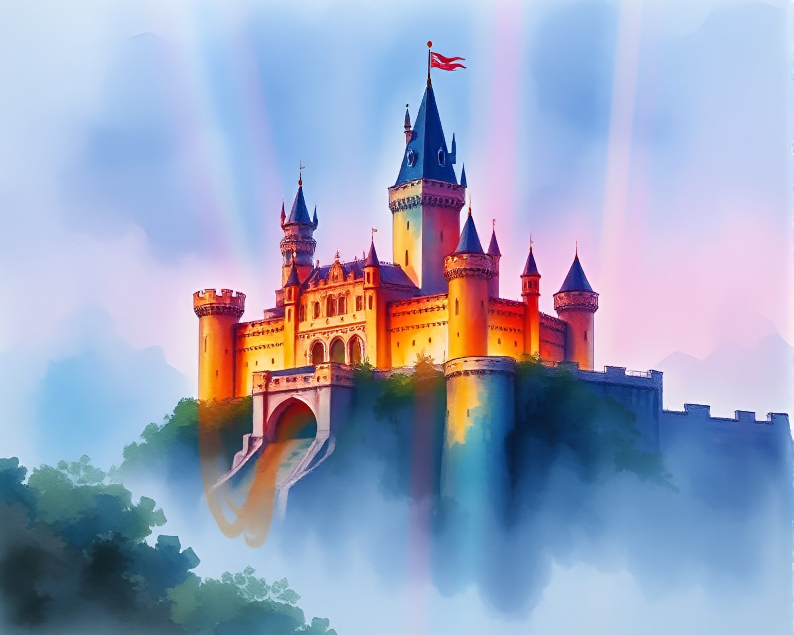 Dreamy watercolor painting of colorful castle surrounded by light streaks