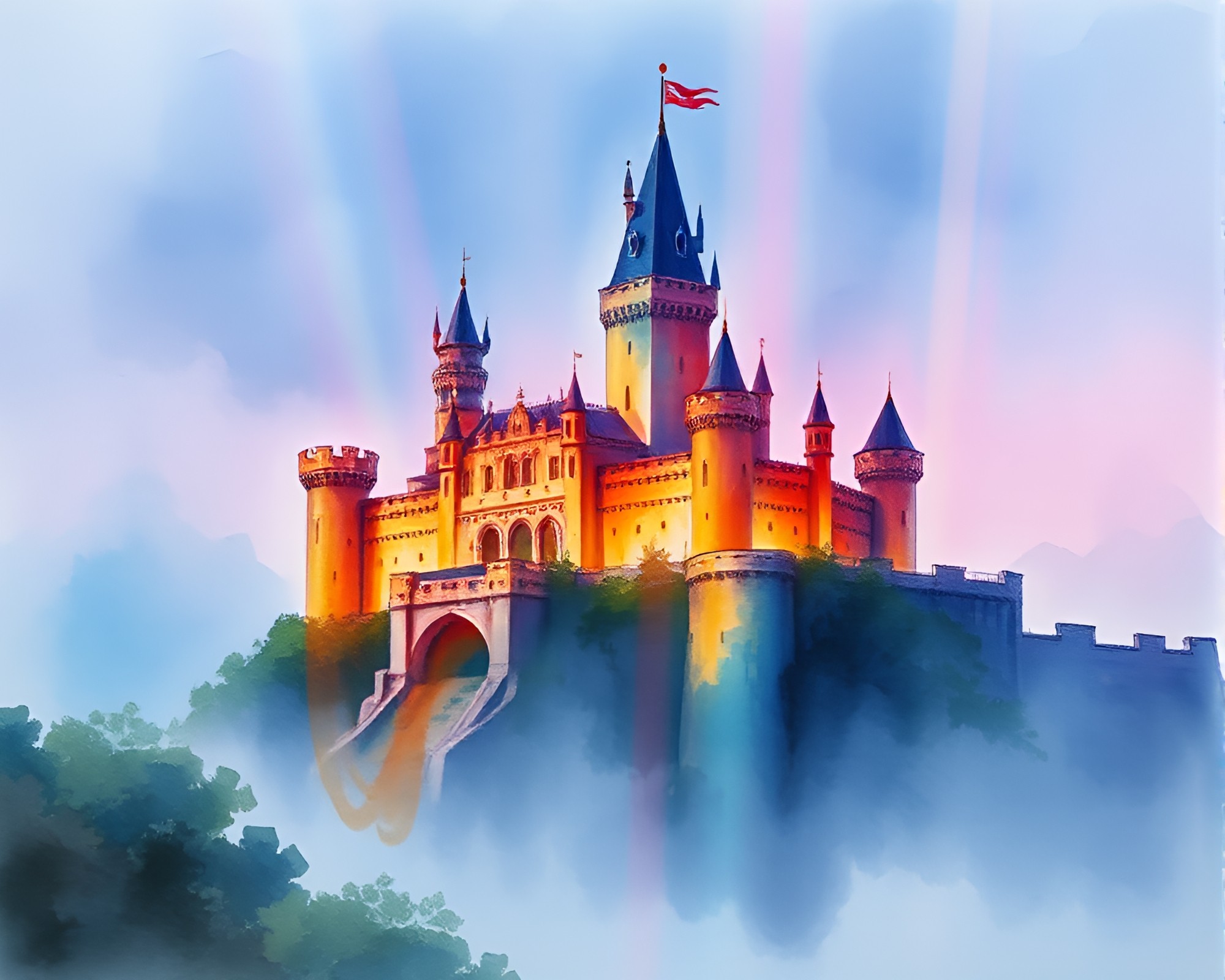 Ethereal Watercolor Castle with Chromatic Aberration – free AI stock image