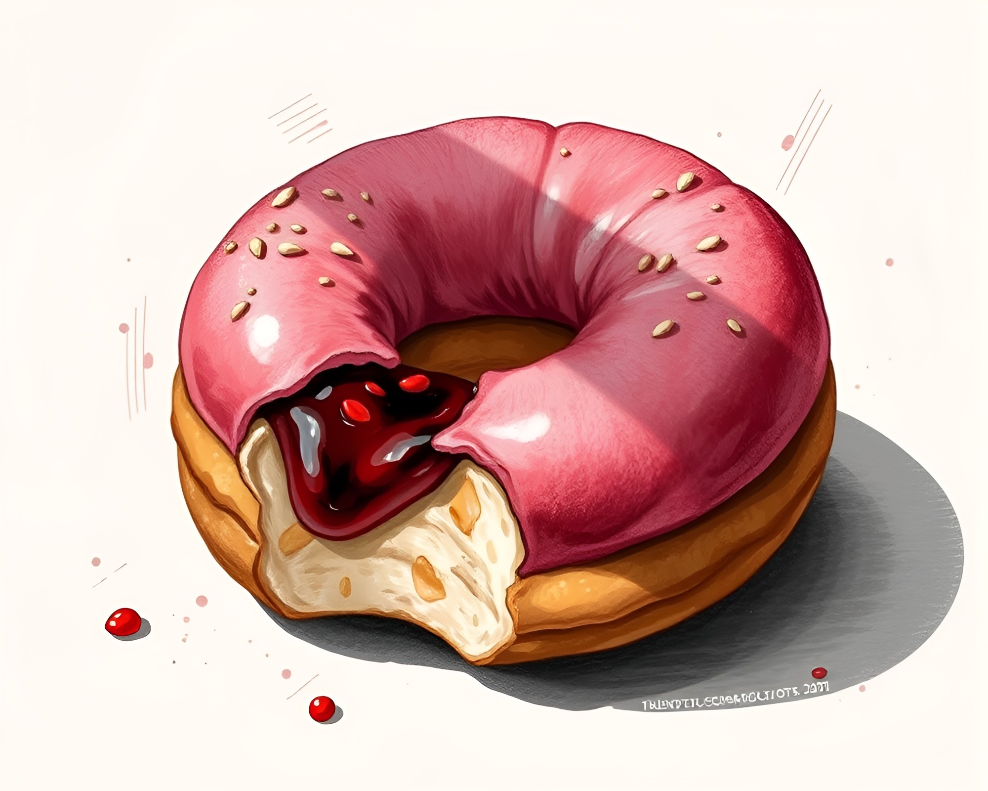 Jelly-Filled Doughnut Botanical Illustration With Metallic Scratches – free AI stock image