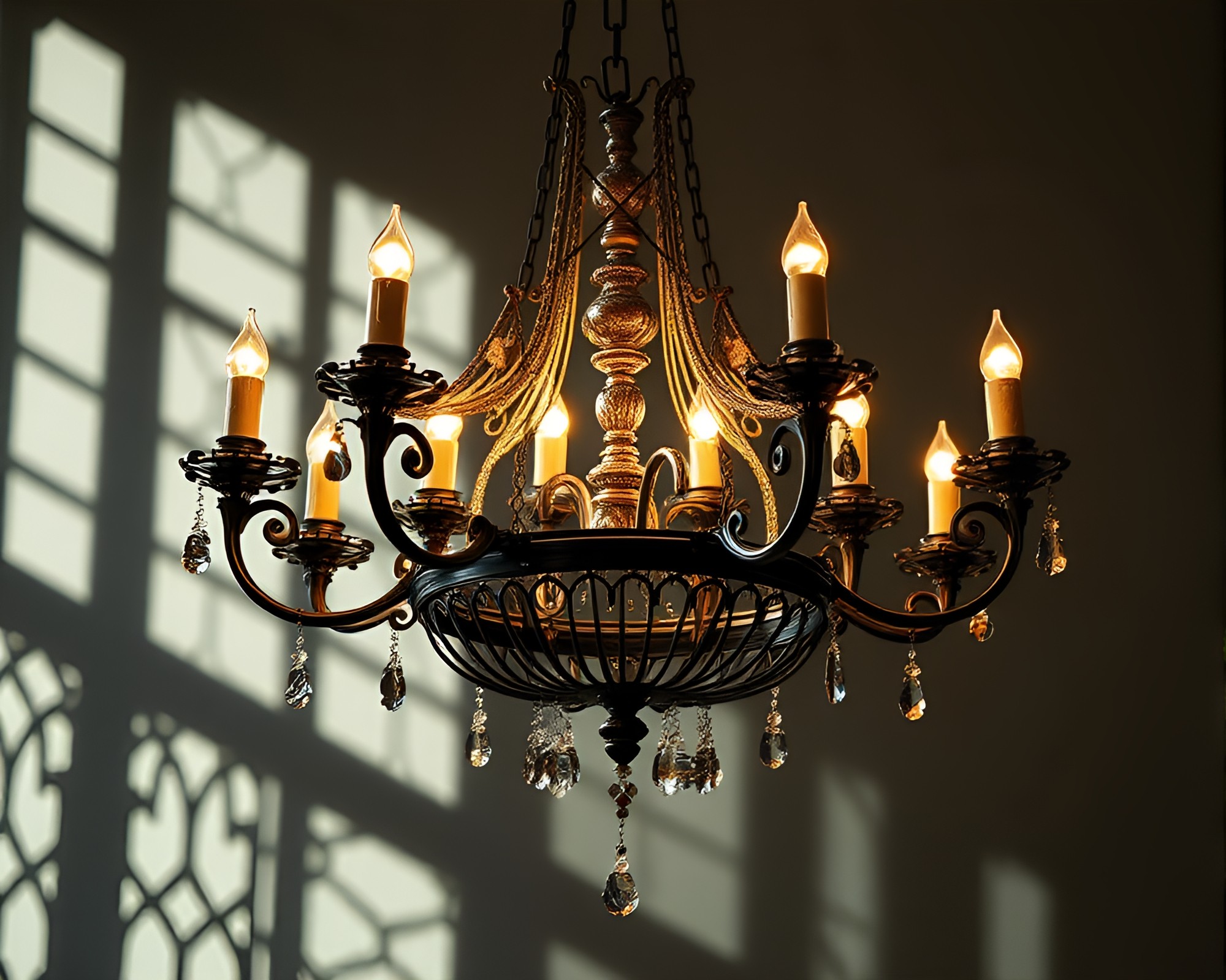 Gothic Chandelier Illuminated by Soft Shadows and Calligraphy – free AI stock image