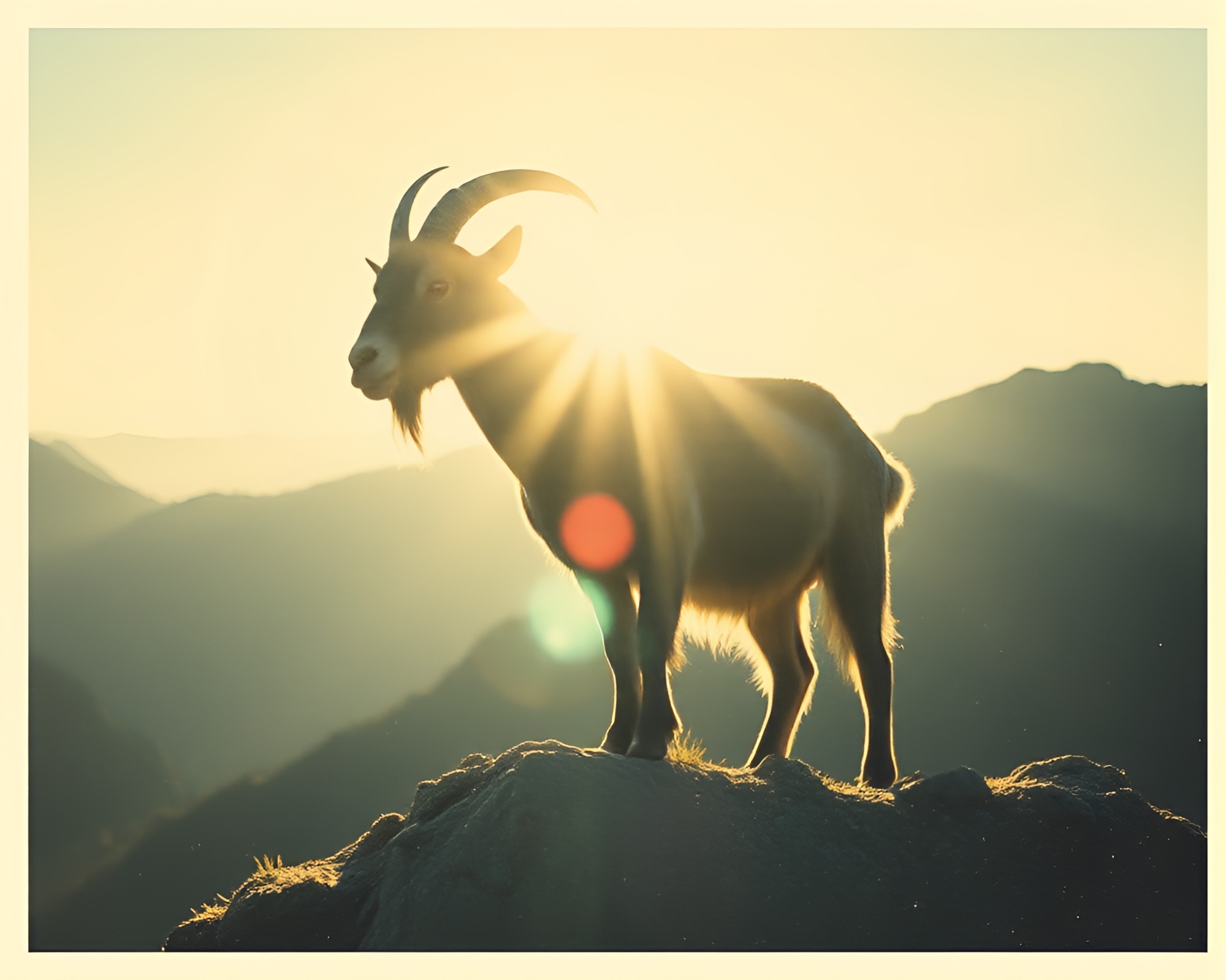 Majestic Mountain Goat in Vintage Polaroid Lens Flare – free AI stock image
