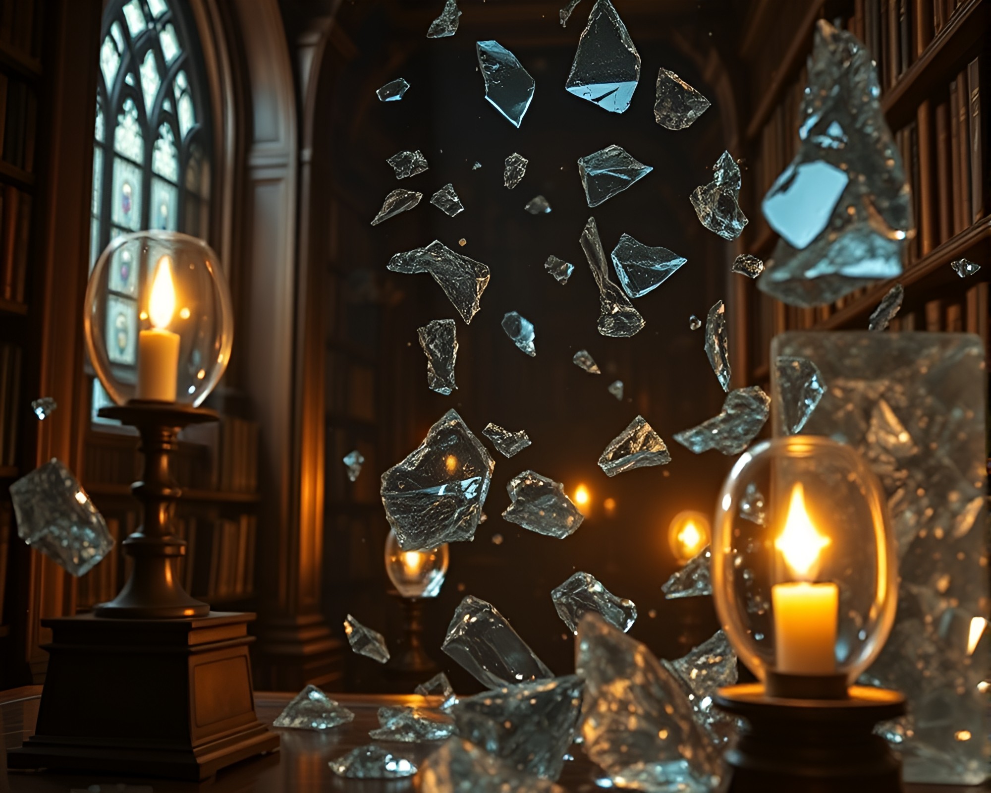 Dimensional Rift: Candlelit Glass Shards Composition – free AI stock image