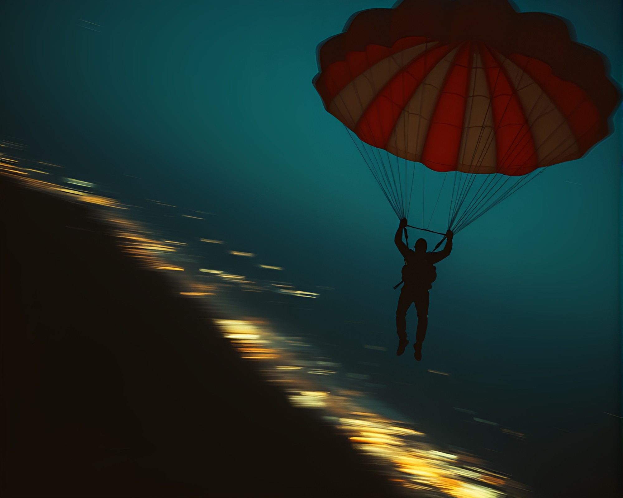 Vintage Noir Parachute Jumper in Motion Blur – free AI stock image