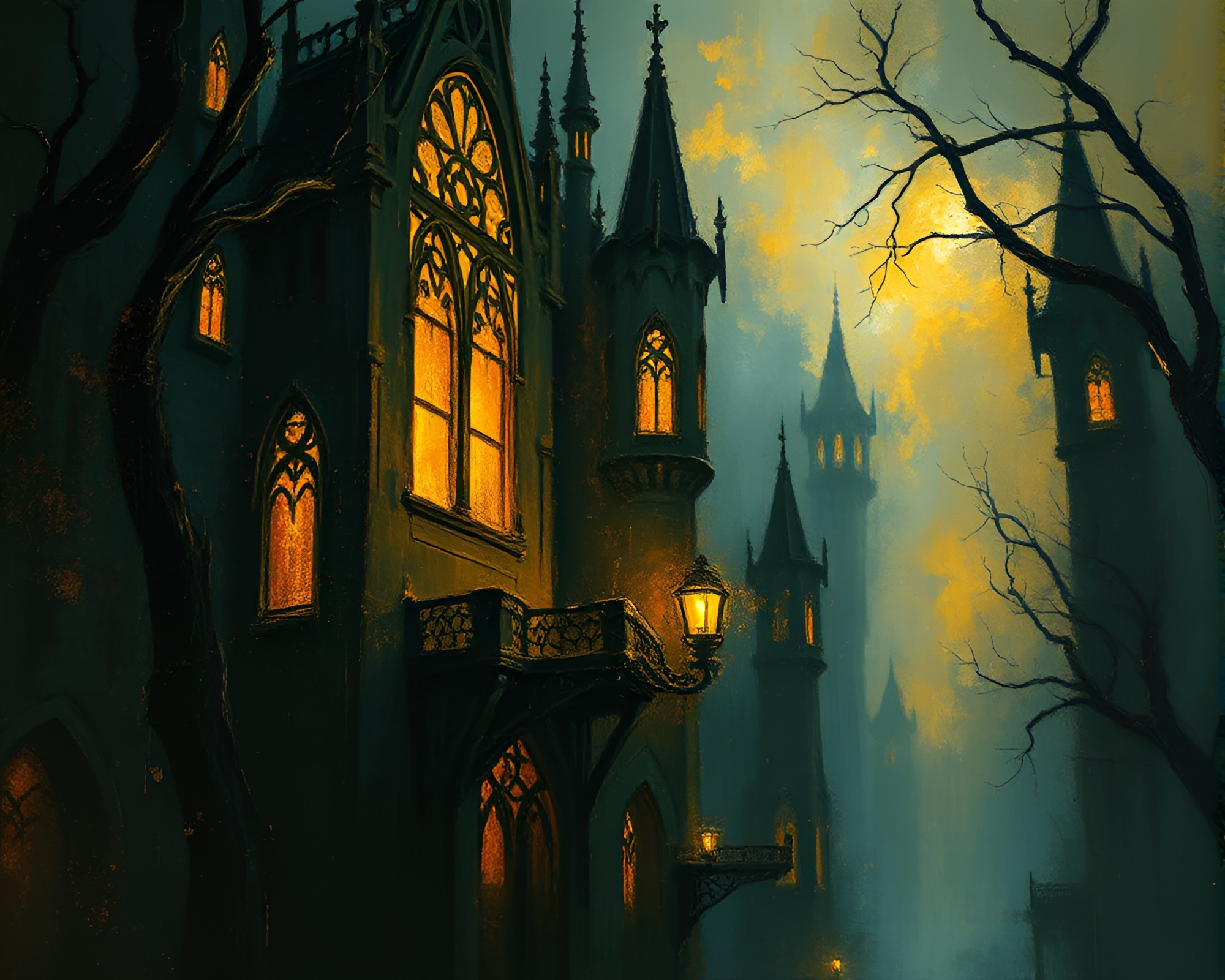 Gothic Horror Impressionist Painting with Gilded Highlights – free AI stock image