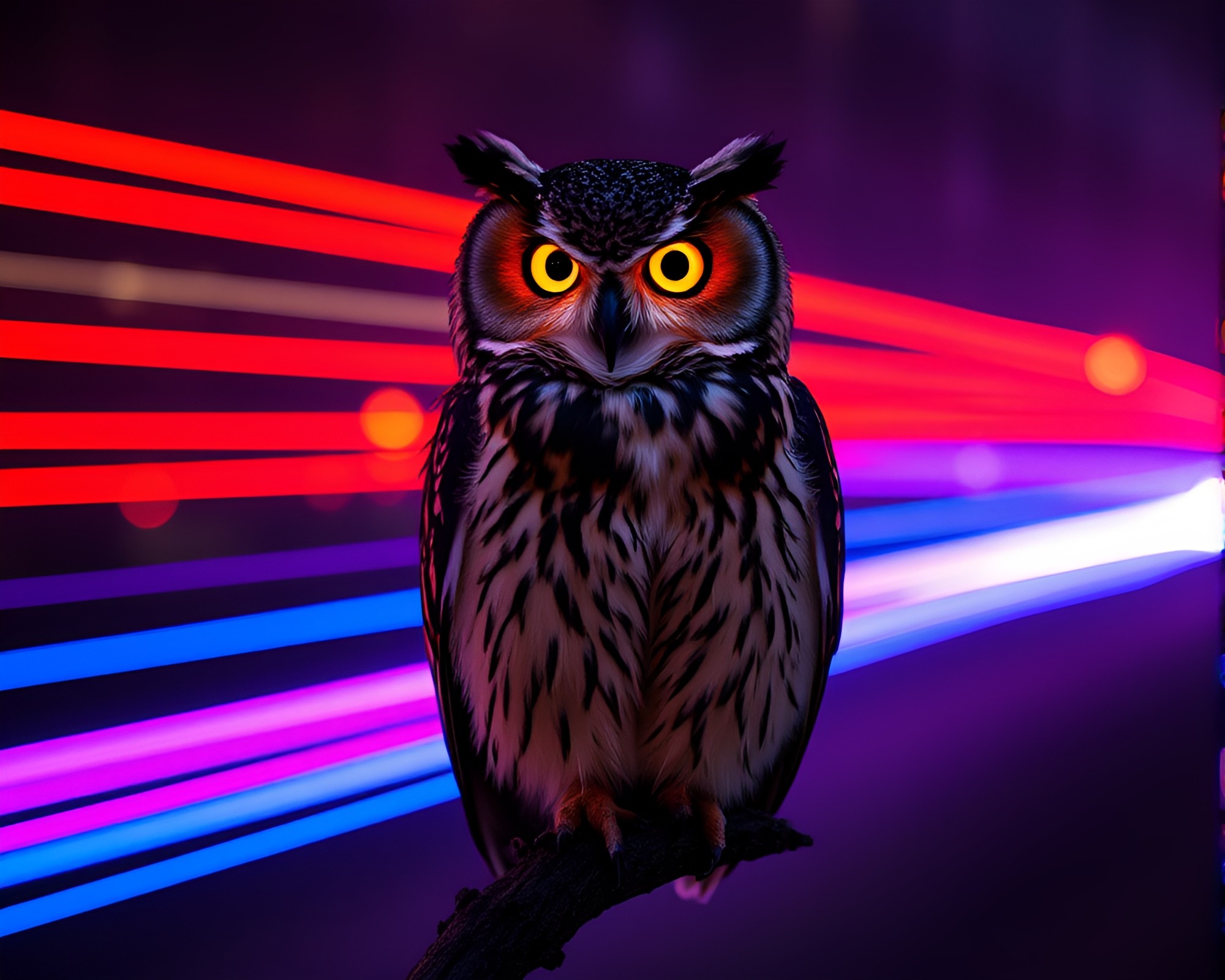 Vibrant Neon Owl Light Trails Photography – free AI stock image